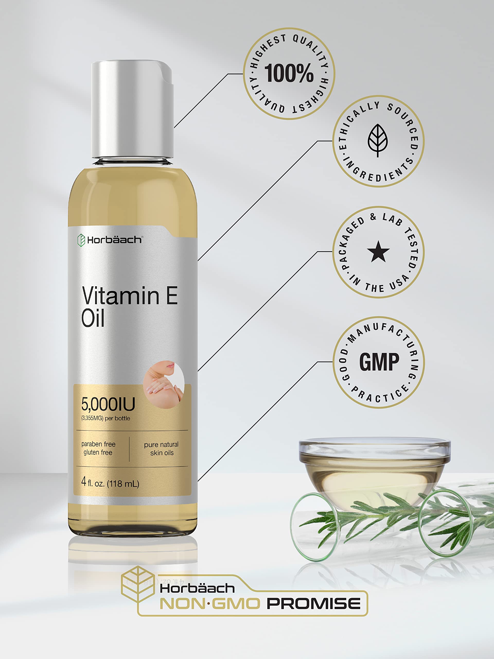 Vitamin E Oil | 5000 IU | 8 oz (2 x 4oz) Value Pack | for Skin, Hair, Face & Body | Vegetarian Horbäach