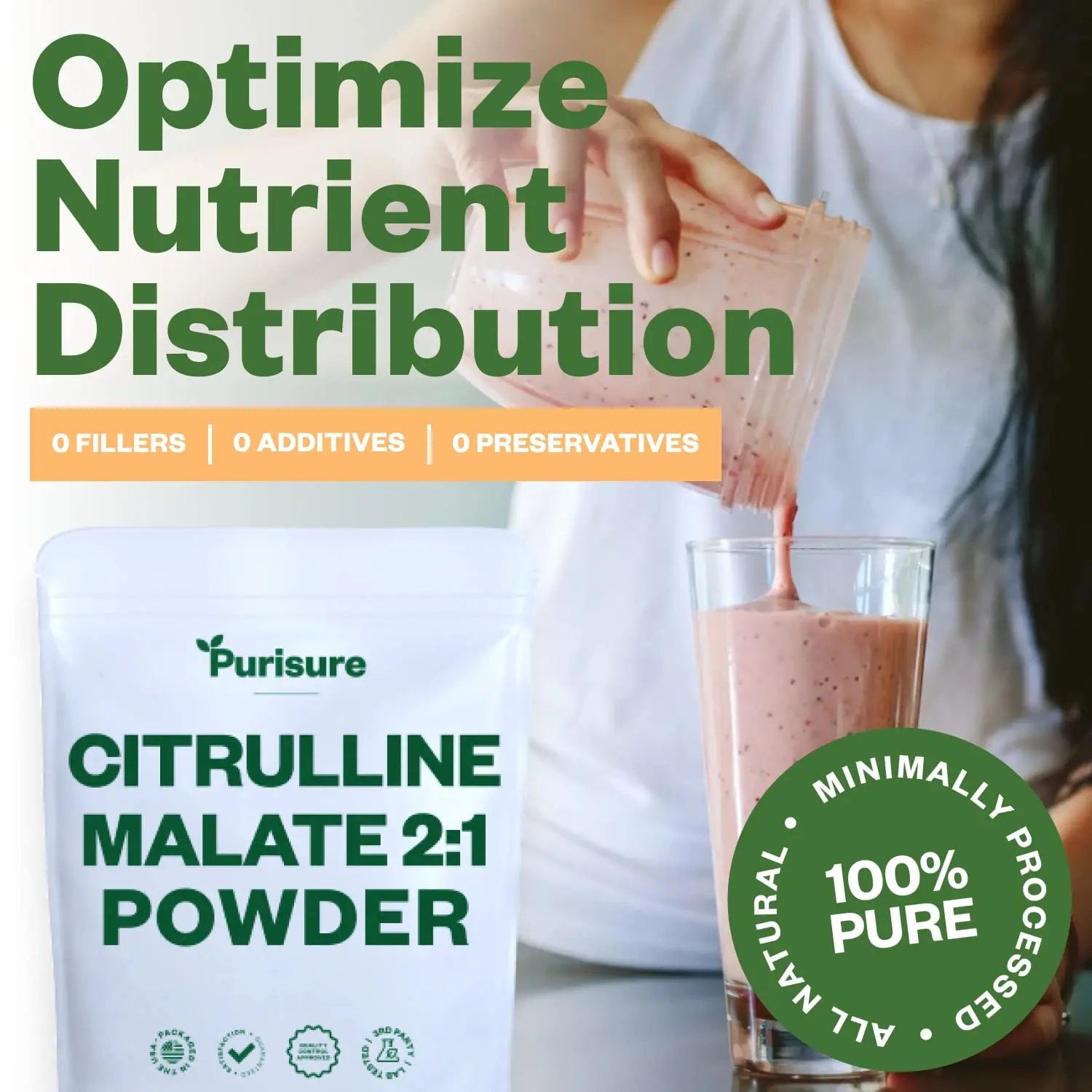 Purisure L-Ctrulline Powder 250g, Premium Citrulline 2:1 Malate Supplement for Strength Performance and Energy, Pre-Workout Citrulline Malate Powder - Enhance Muscle Pumps and Recovery - 83 Servings