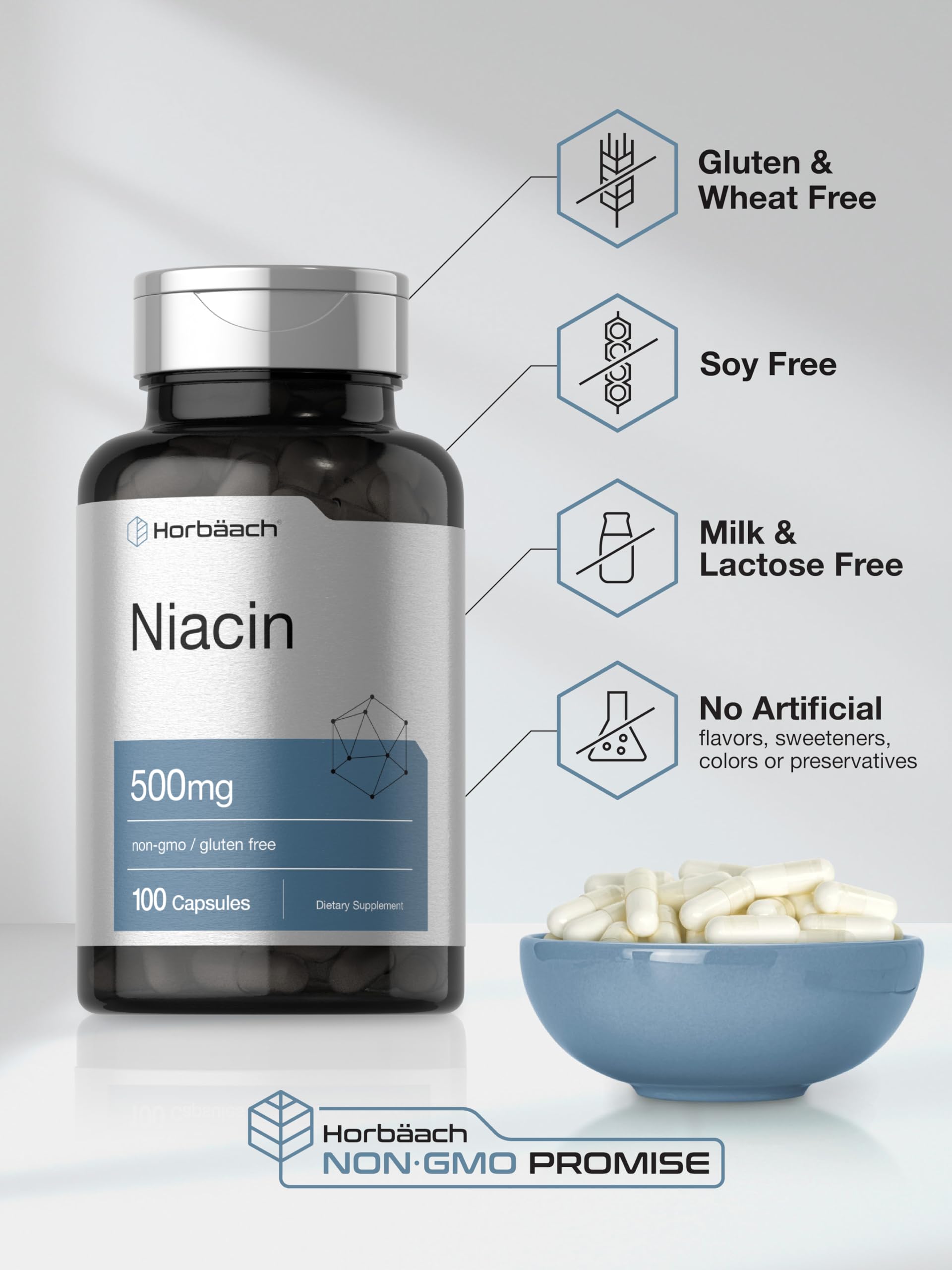 Niacin | Vitamin B3 500mg | 100 Capsules | with Flushing | Non-GMO, and Gluten Free Horbäach
