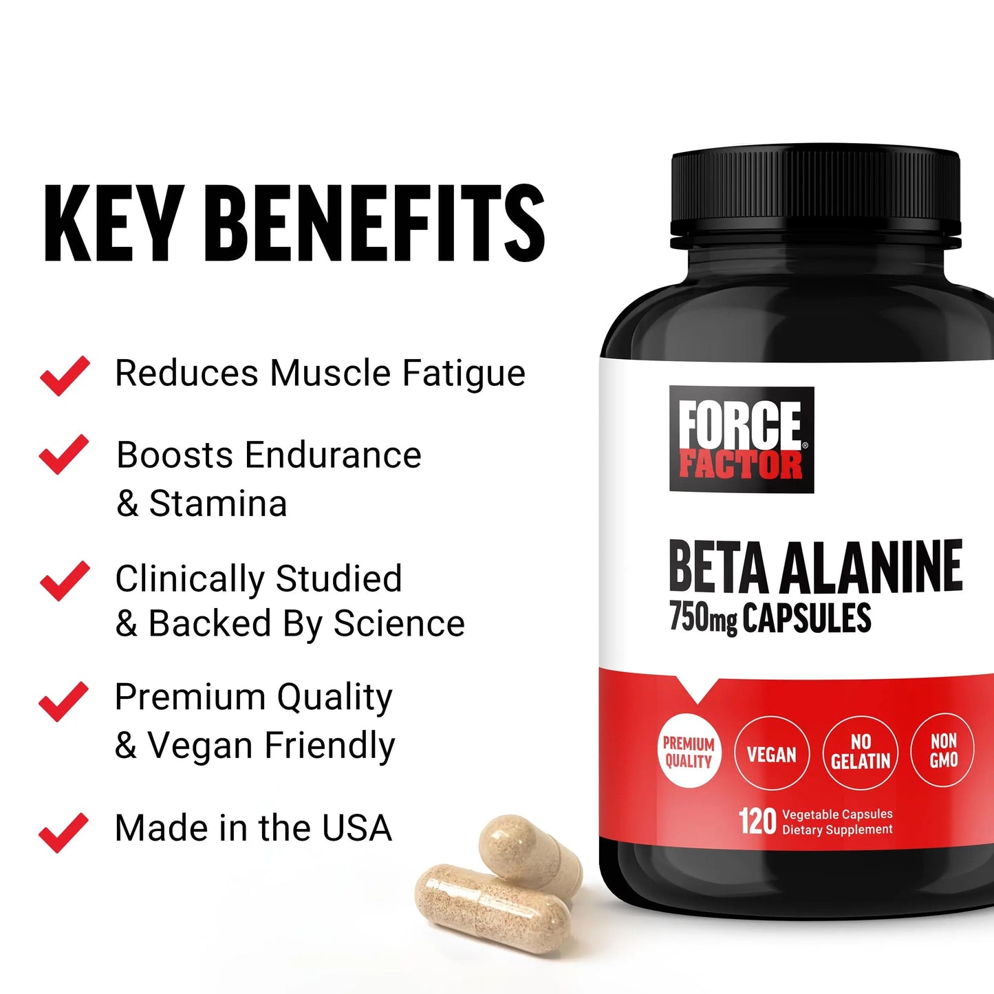 FORCE FACTOR Beta Alanine Capsules, Beta-Alanine Endurance Supplement to Boost Performance & Reduce Fatigue, Clinical Dose, Premium Quality, Vegan, Non-GMO, 120 Capsules