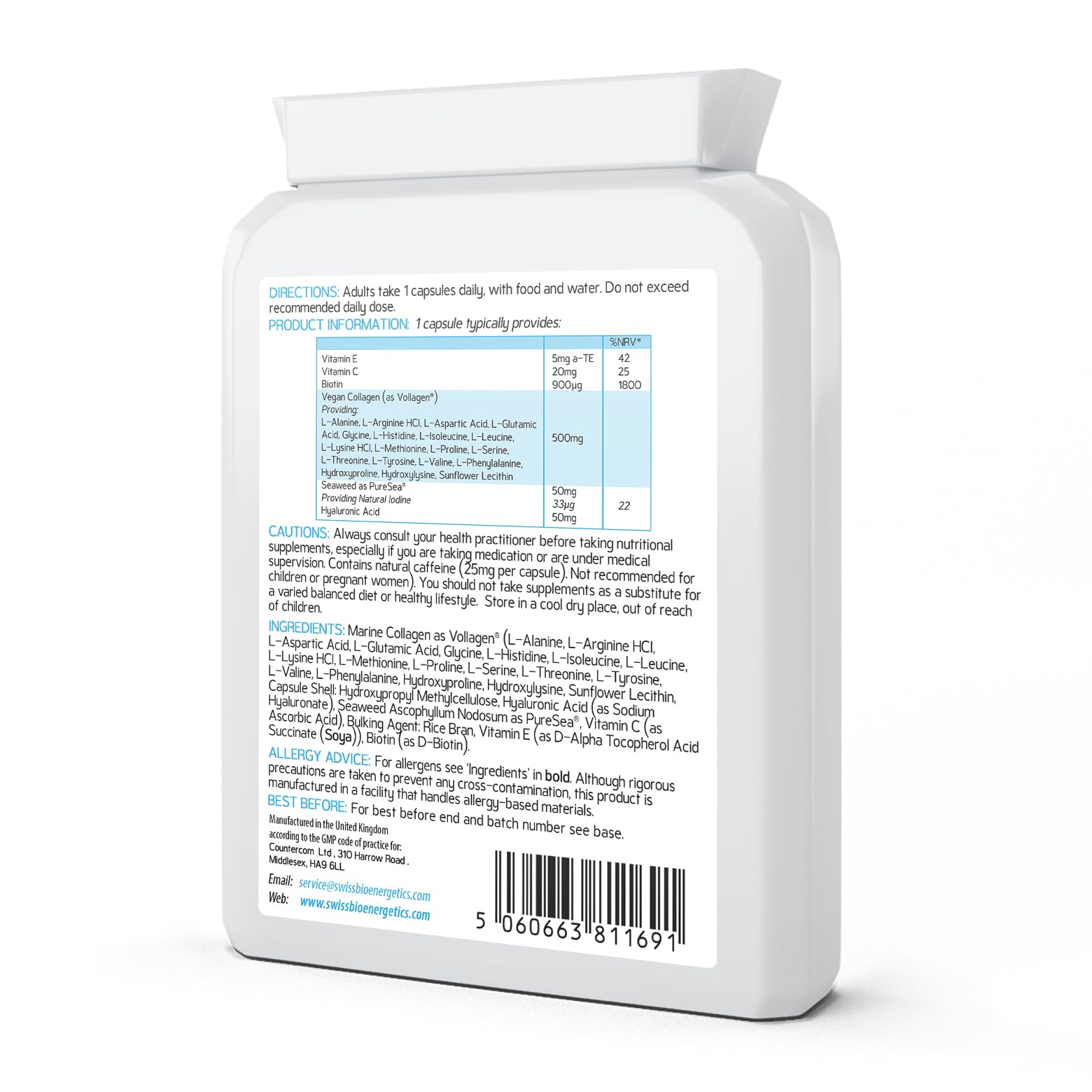 Vegan Collagen & Hyaluronic Acid Complex - 60 Capsules - Effective Skin, Hair & Nails Formula with 500mg swiss bioenergetics