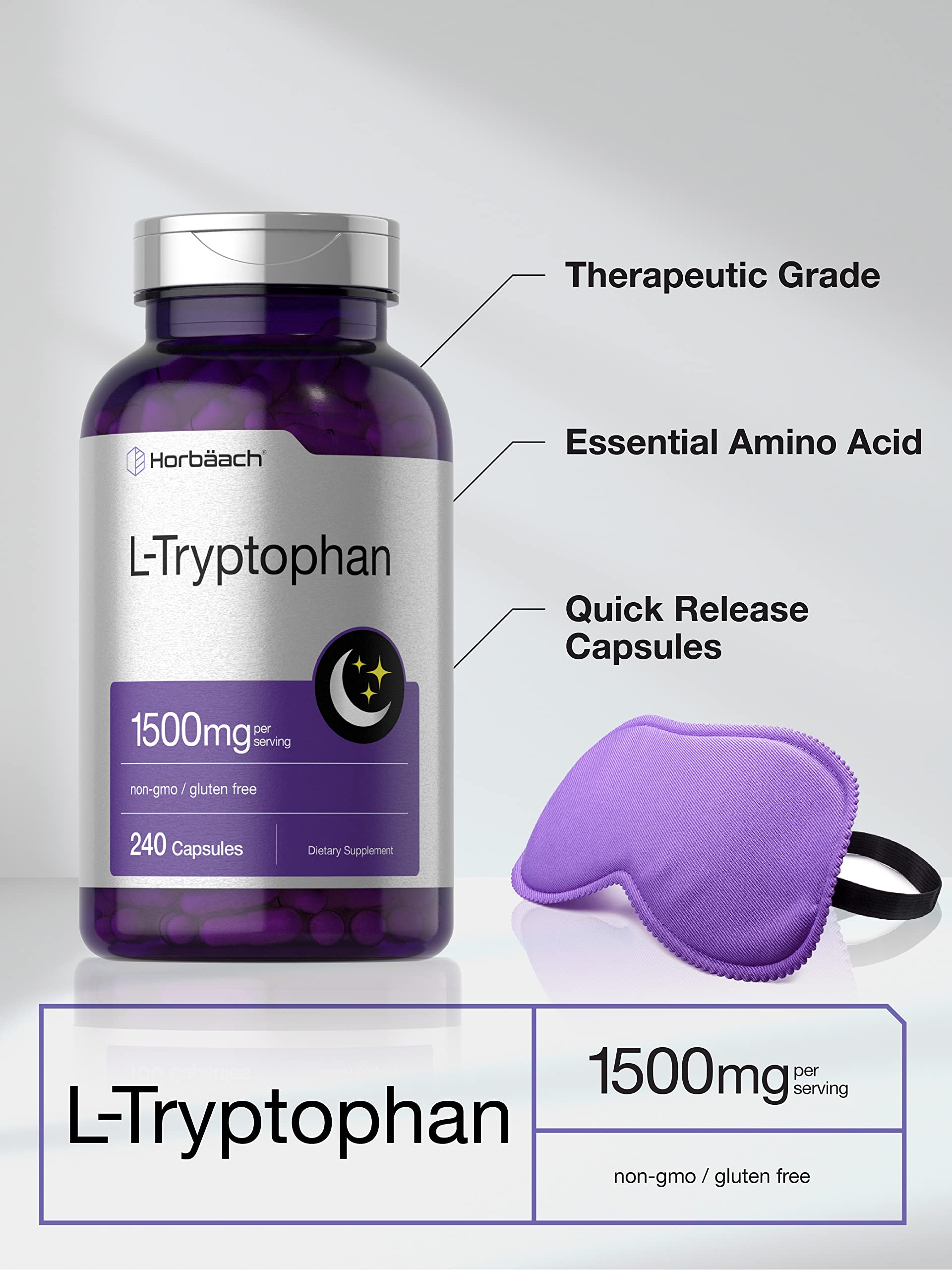 L Tryptophan 1500mg Capsules | 240 Count | Nighttime Formula | Non-GMO, Gluten Free Horbäach