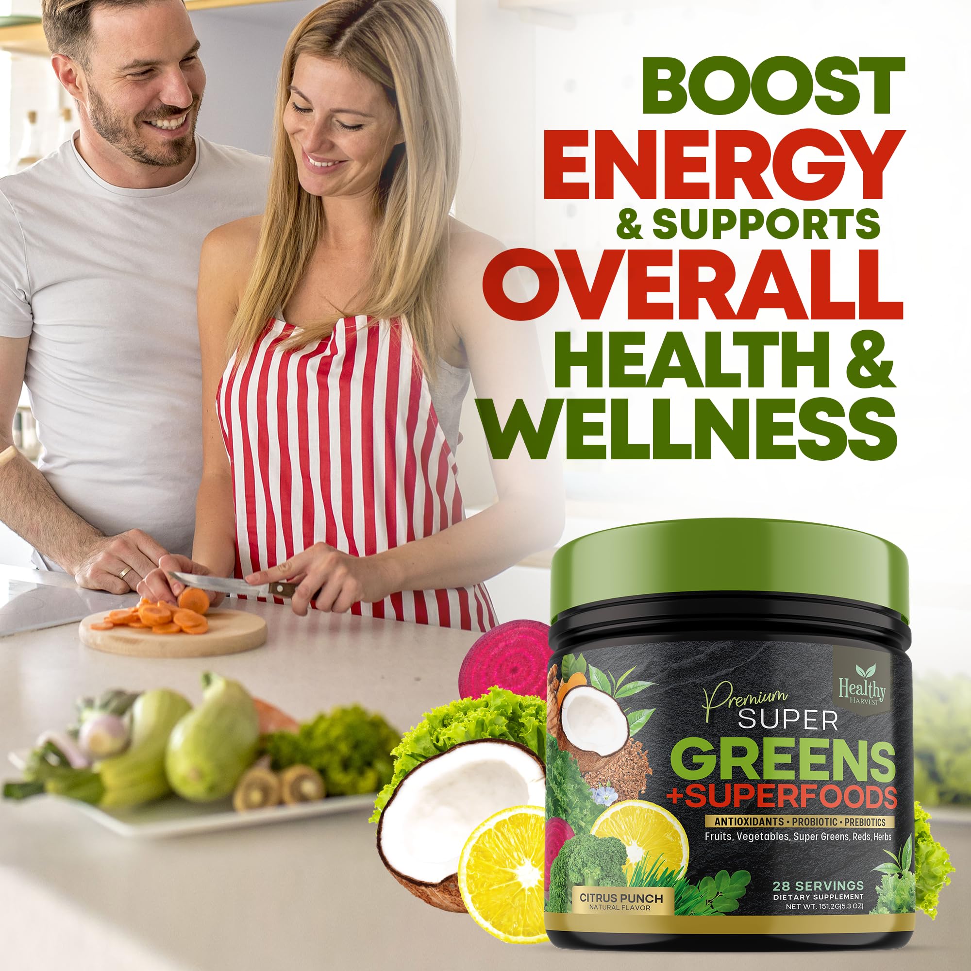 Greens Powder Superfood Supplement - Super Green Reds Smoothie Mix Blend with Spirulina Healthy Harvest Nutrition