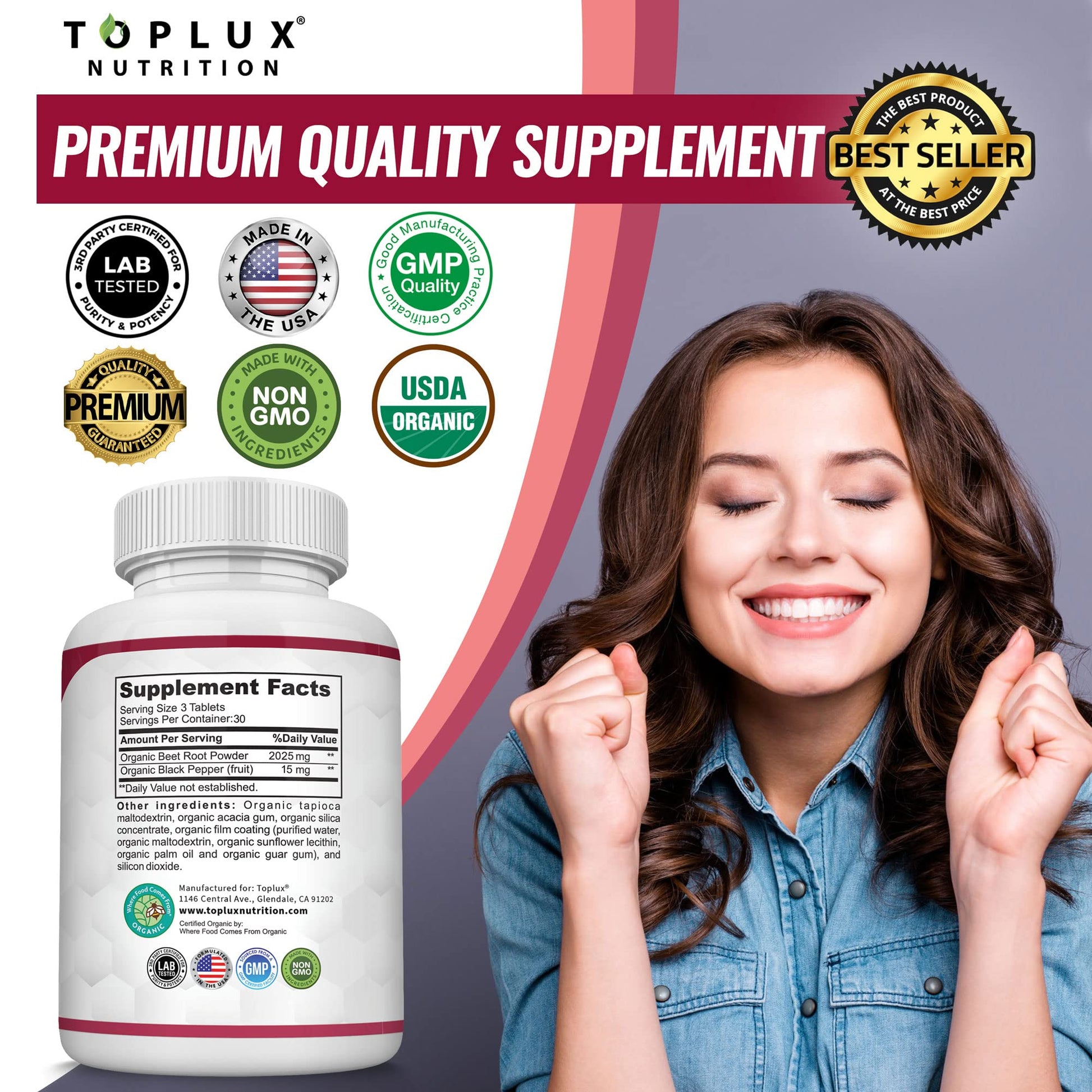 Organic Beet Root Powder Tablets - 2040mg Natural Nitric Oxide Beets to Support, Energy Toplux