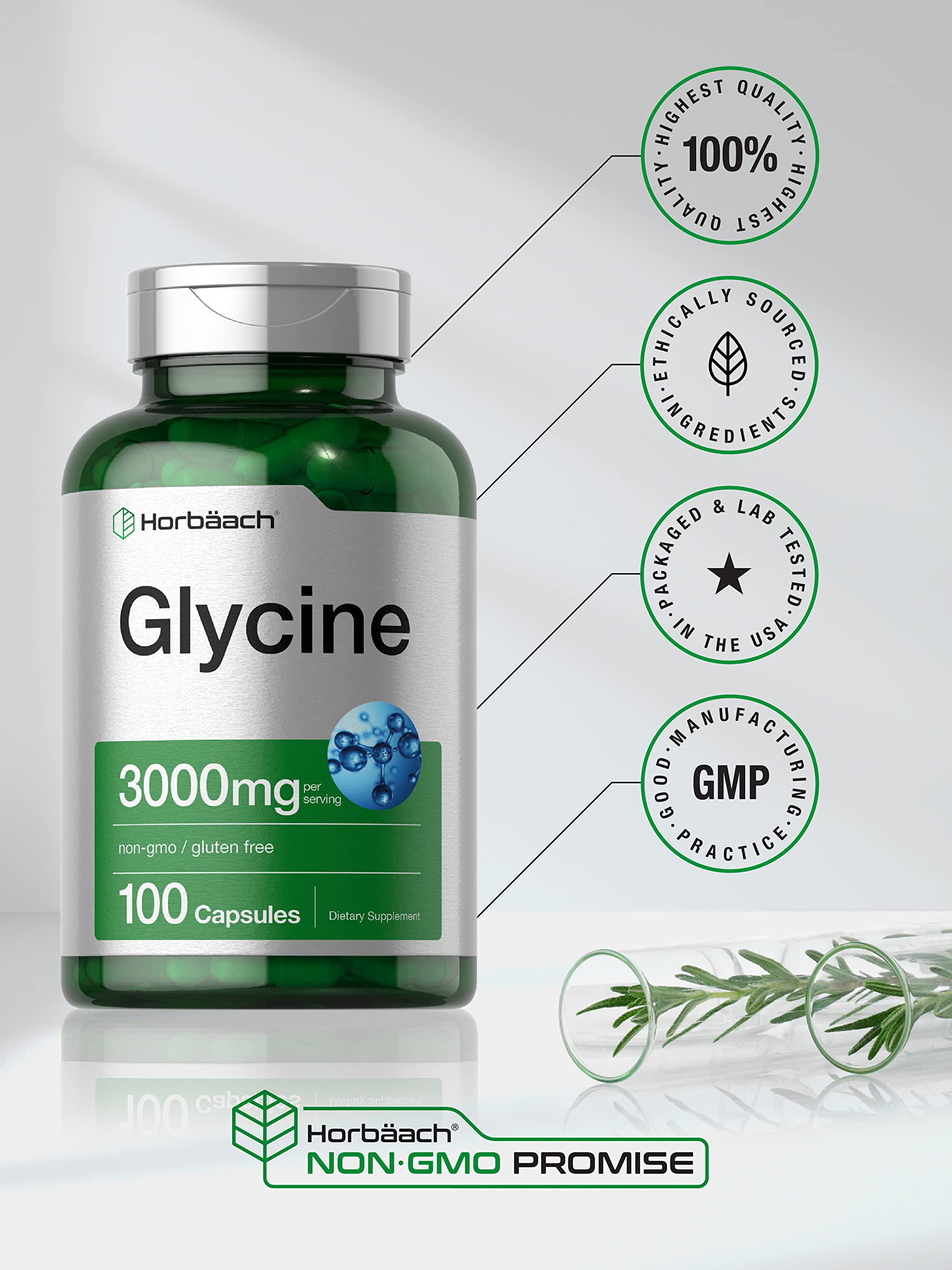 Glycine 3000 mg 100 Capsules | Non-GMO, Gluten Free Glycine Supplement | by Horbaach Horbäach