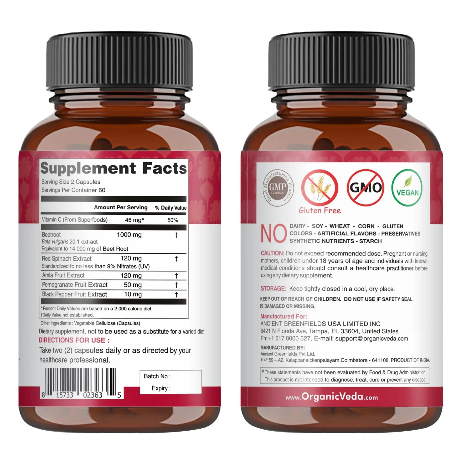 Organic Veda Beet Root Capsules - Triple Reds Nitric Oxide Beets Supplements - Concentrated Nitrates and Vitamin C Blend of Beet Root Extract, Red Spinach, Pomegranate, Black Pepper - 120 Capsules