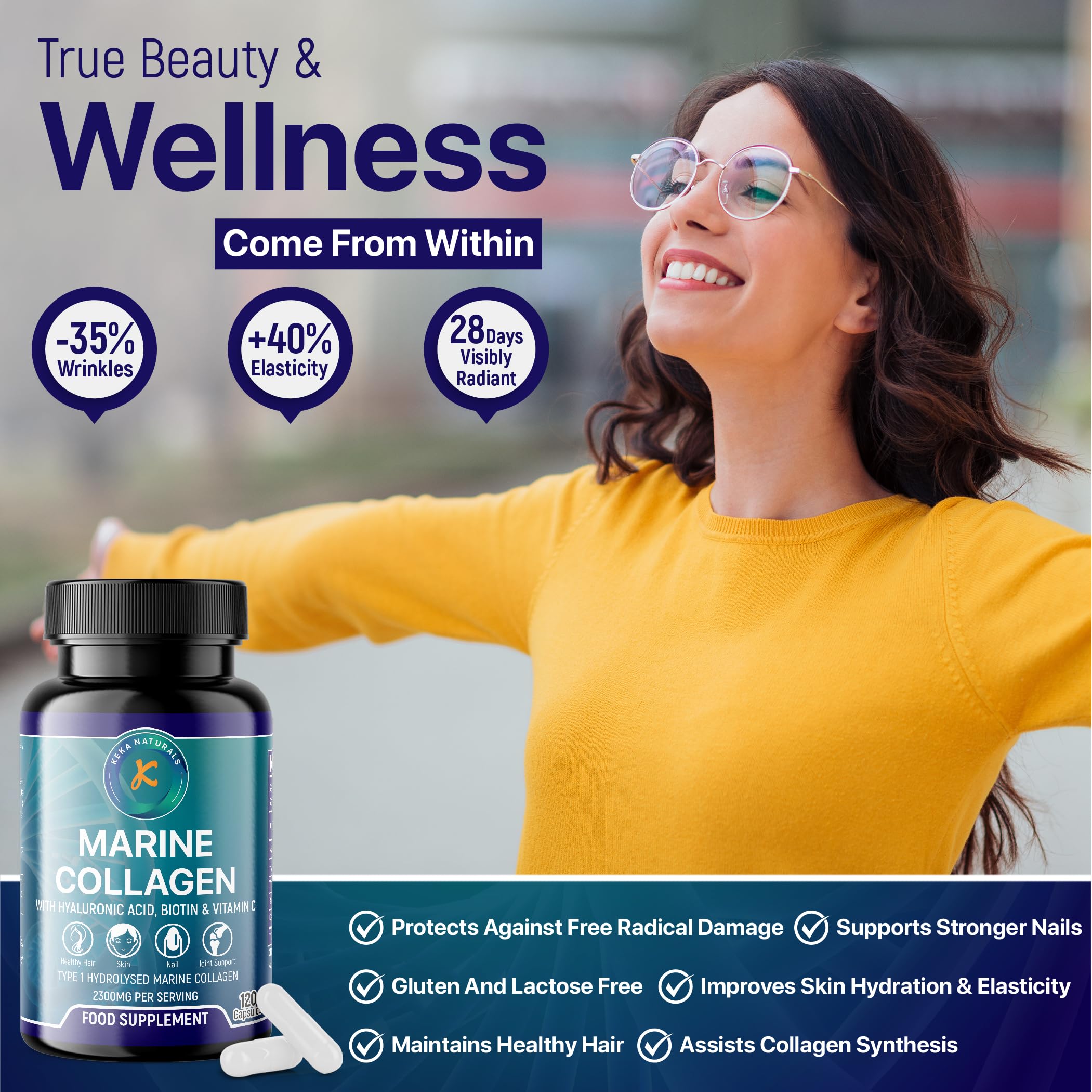 Hydrolysed Marine Collagen Peptides 2300mg - Enhanced with Hyaluronic Acid & Vitamin C Keka Naturals