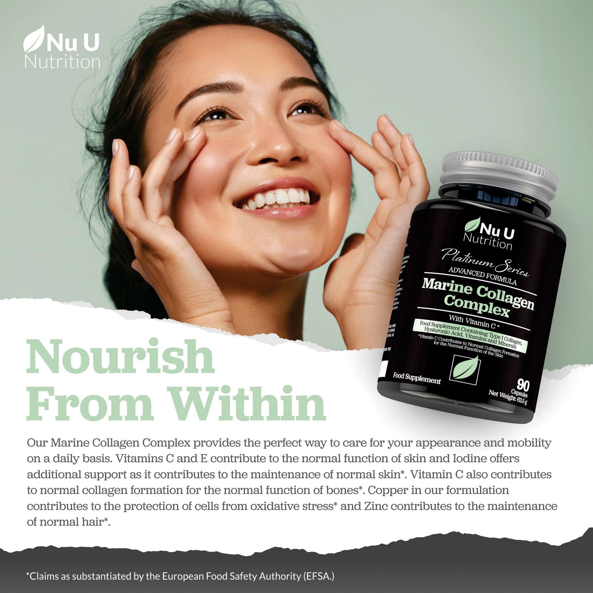 Marine Collagen with Hyaluronic Acid, Vitamin C - 90 Hydrolysed Capsules (not Tablets Nu U Nutrition