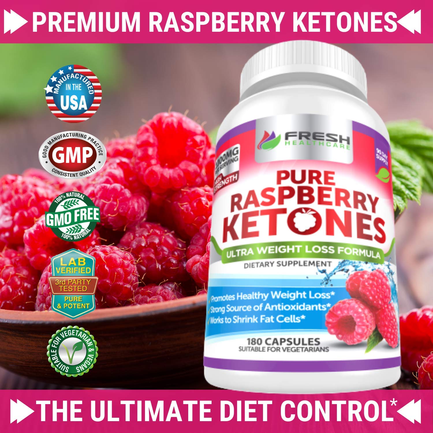 FRESH HEALTHCARE Pure 100% Raspberry Ketones Max 1000mg Per Serving - 3 Month FRESH HEALTHCARE