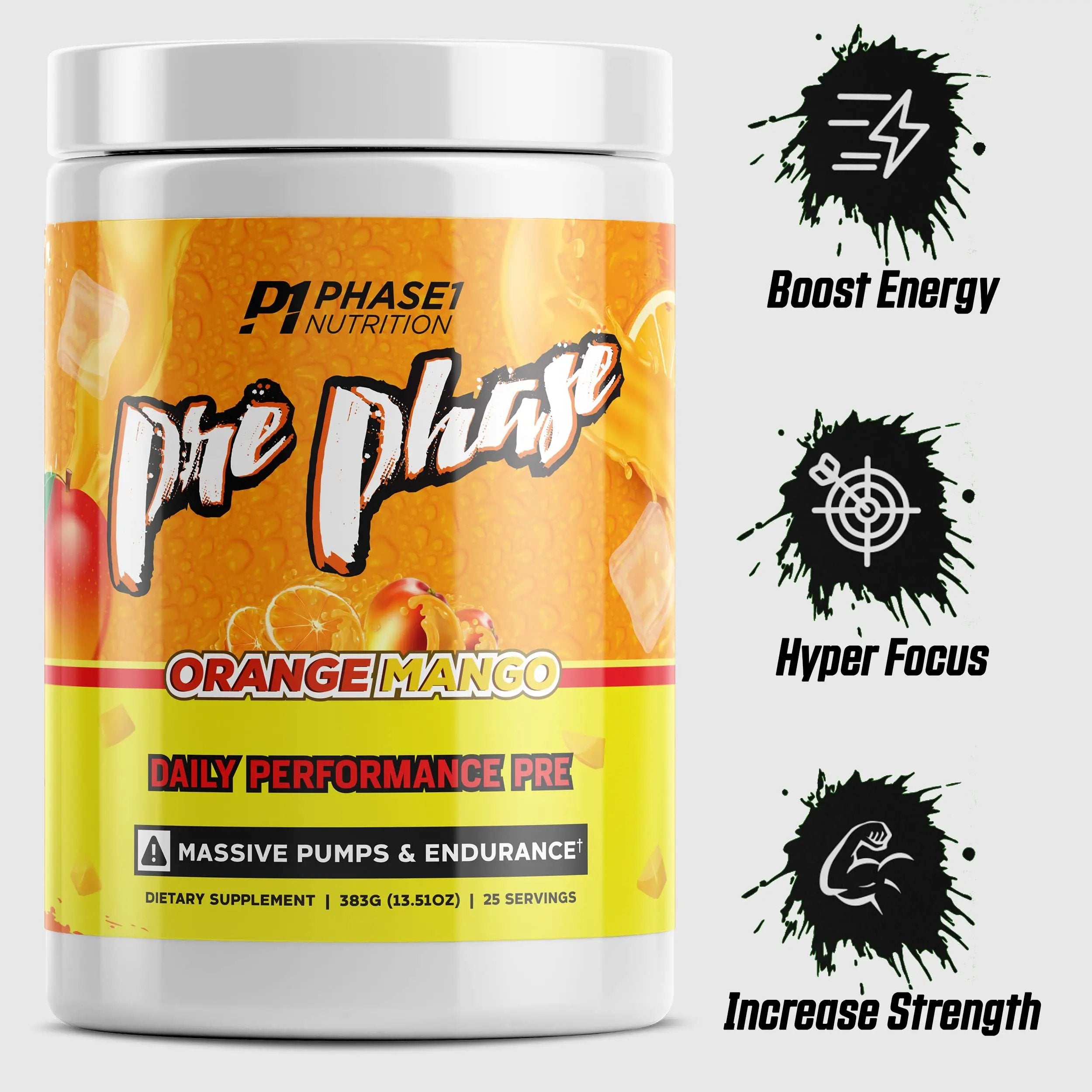 Pre Phase Daily Driver Orange Mango Pre Workout with 325mg Caffeine, Vitamin B12, Beta Alanine | Preworkout for Energy, Weight & Strength Training, Endurance and Pump - Phase 1 Nutrition