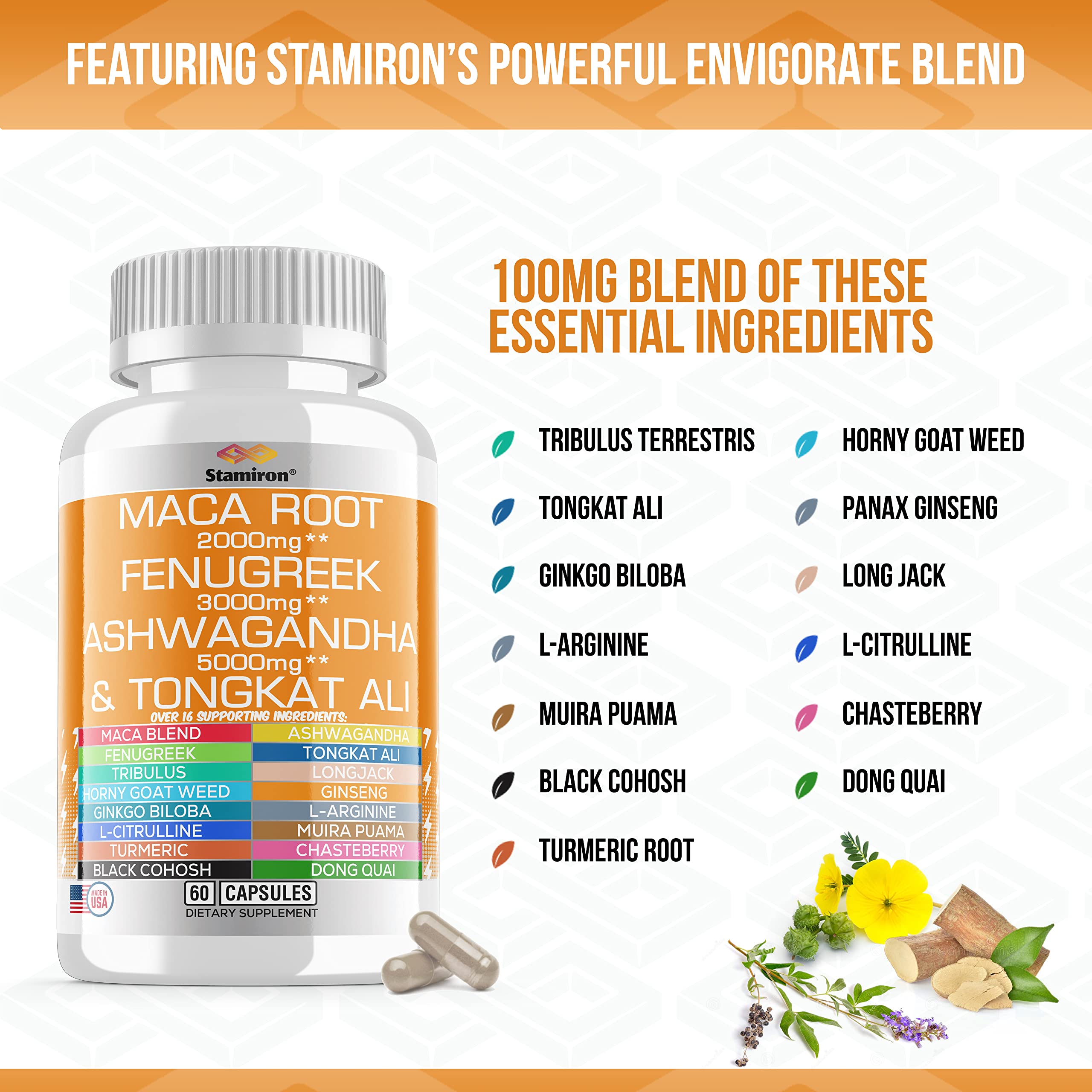 Stamiron Maca Root 2000mg Fenugreek 3000mg Ashwagandha 5000mg Supplement Stamiron
