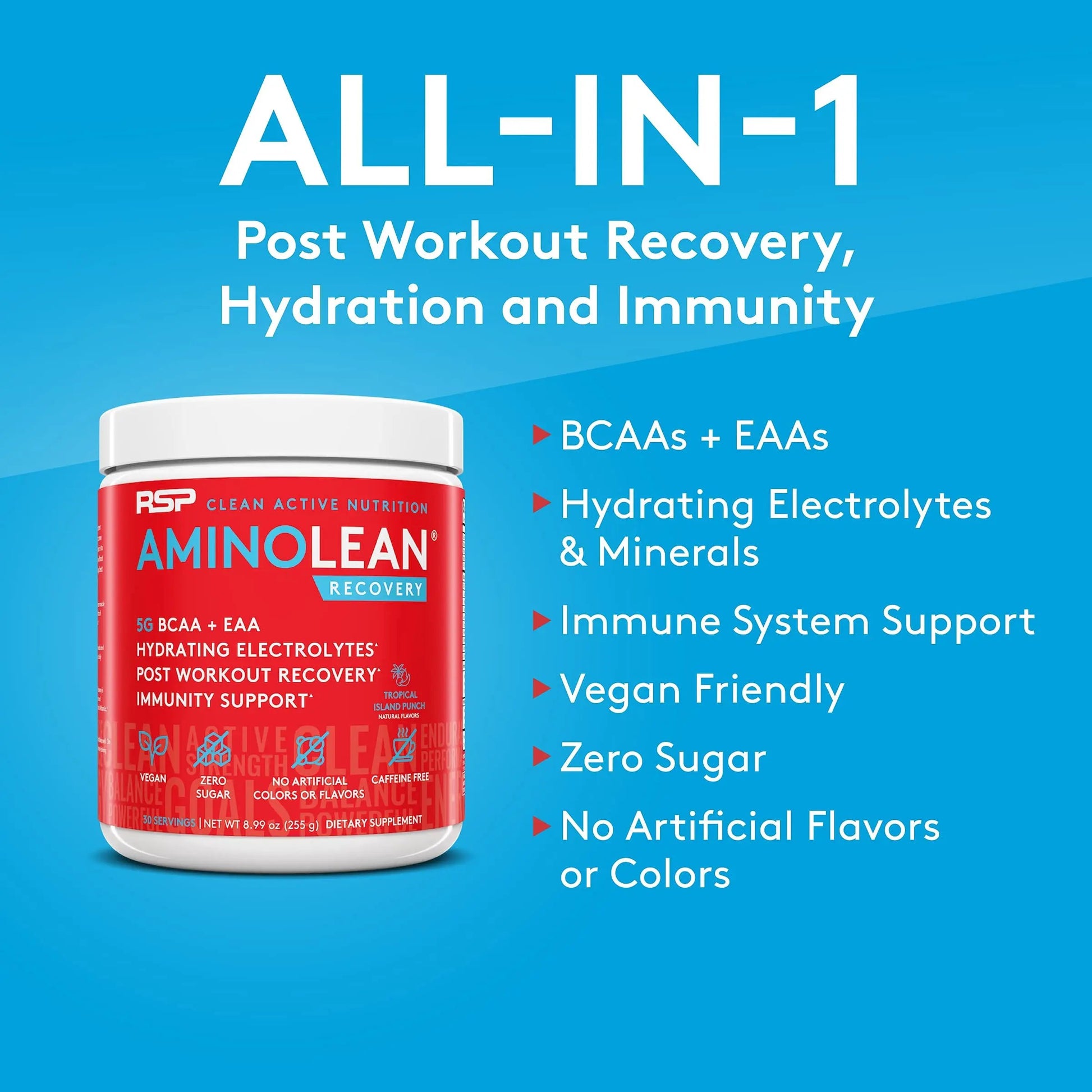 RSP NUTRITION AminoLean Pre Workout Energy (BlackBerry Pomegranate 30 Servings) with AminoLean Recovery Post Workout Boost (Tropical Island Punch 30 Servings)