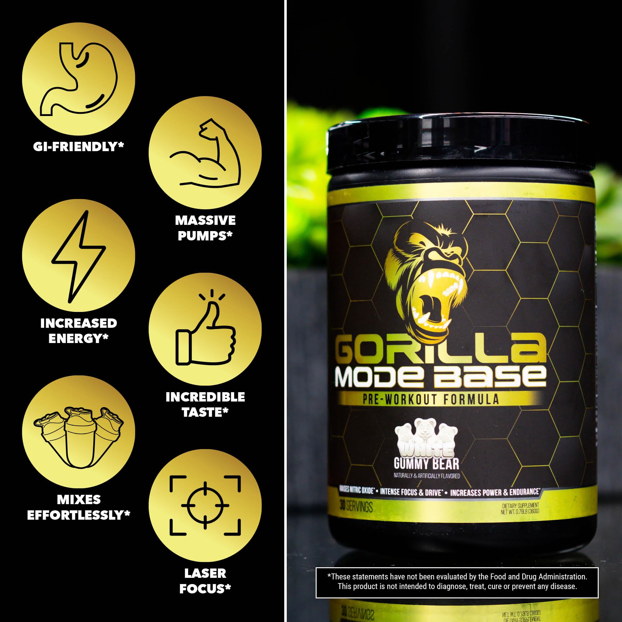 Gorilla Mode Base Pre Workout - Raises Nitric Oxide · Intense Focus & Drive · Endurance Gorilla Mind