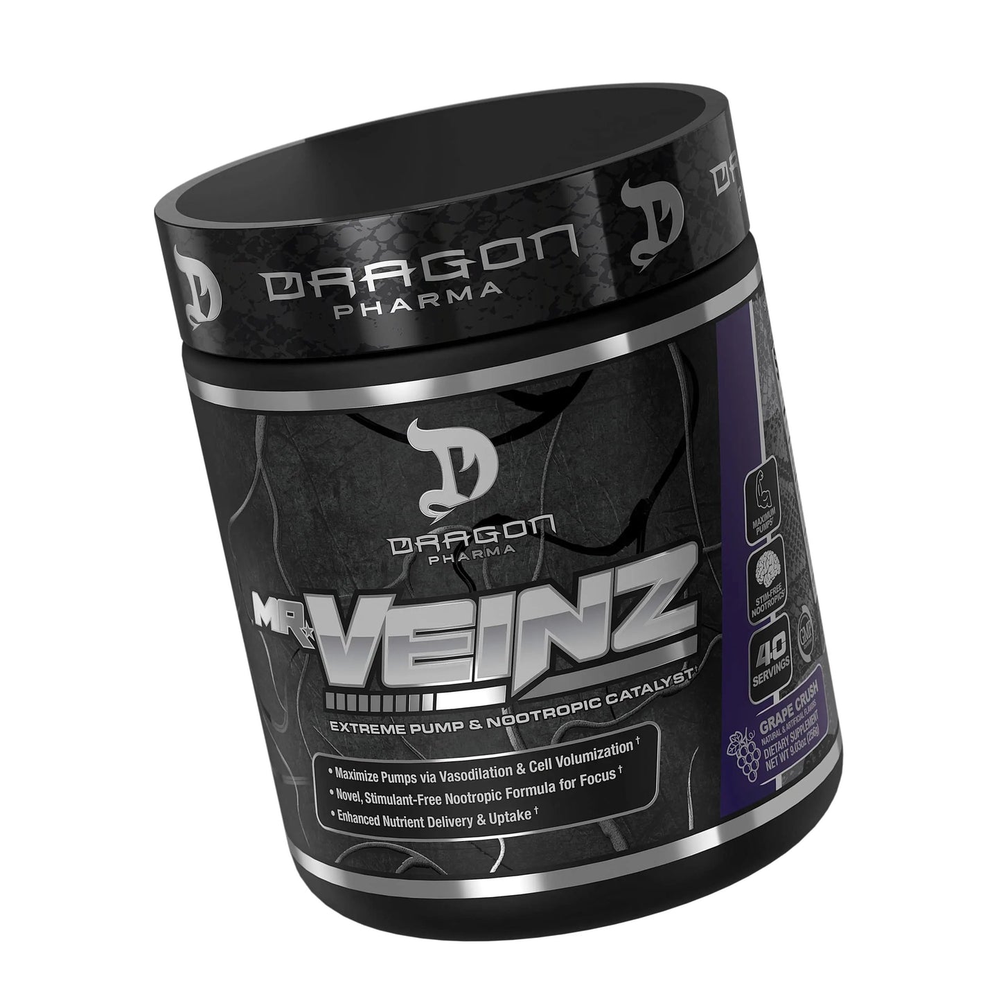 DRAGON PHARMA Mr. Veinz Stim Free Pre-Workout, Extreme Pump & Nootropic Catalyst, Maximize Pumps via Vasodilation & Cell Volumization, Stimulant-Free Formula for Focus (40 Servings, Apple Juice)