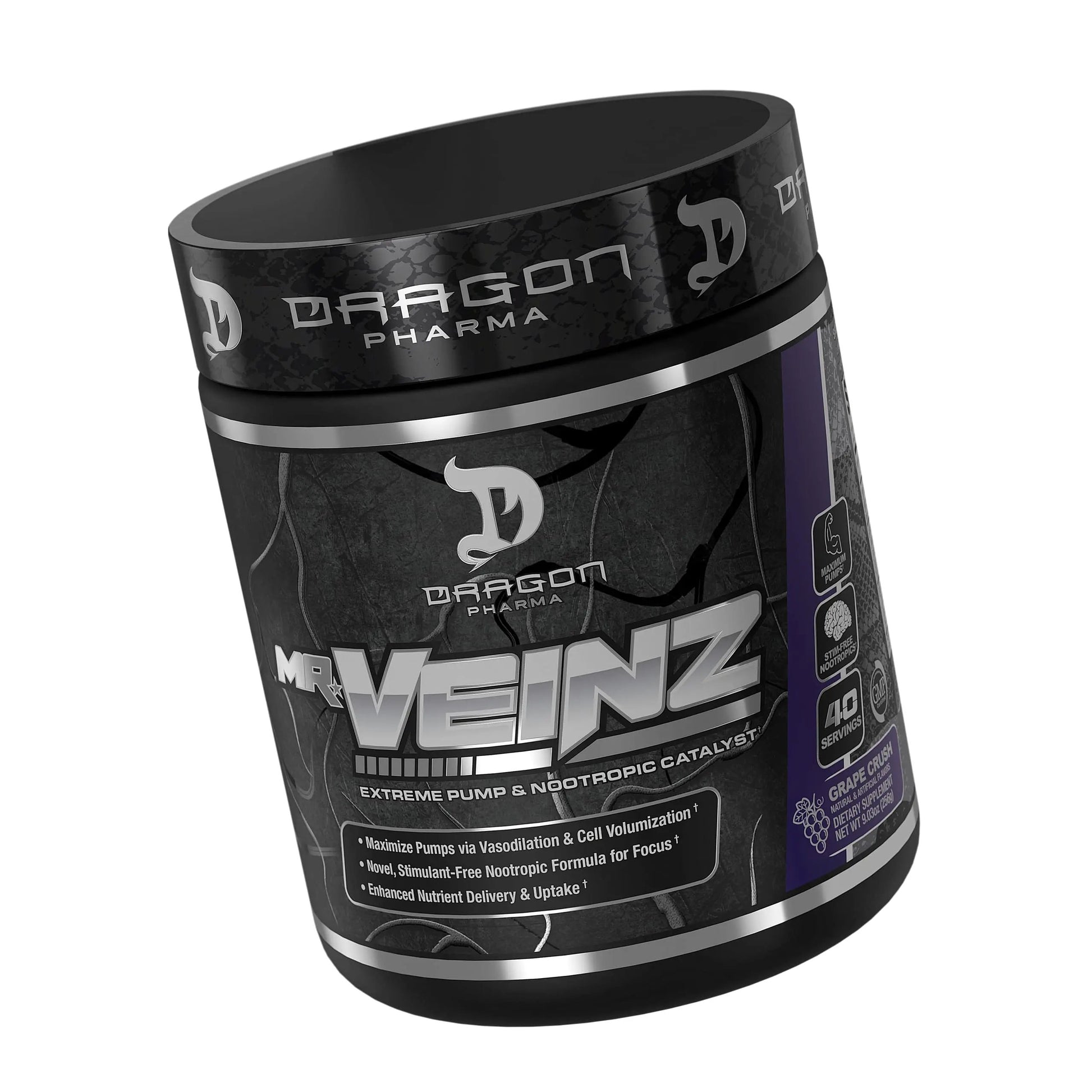 DRAGON PHARMA Mr. Veinz Stim Free Pre-Workout, Extreme Pump & Nootropic Catalyst, Maximize Pumps via Vasodilation & Cell Volumization, Stimulant-Free Formula for Focus (40 Servings, Apple Juice)