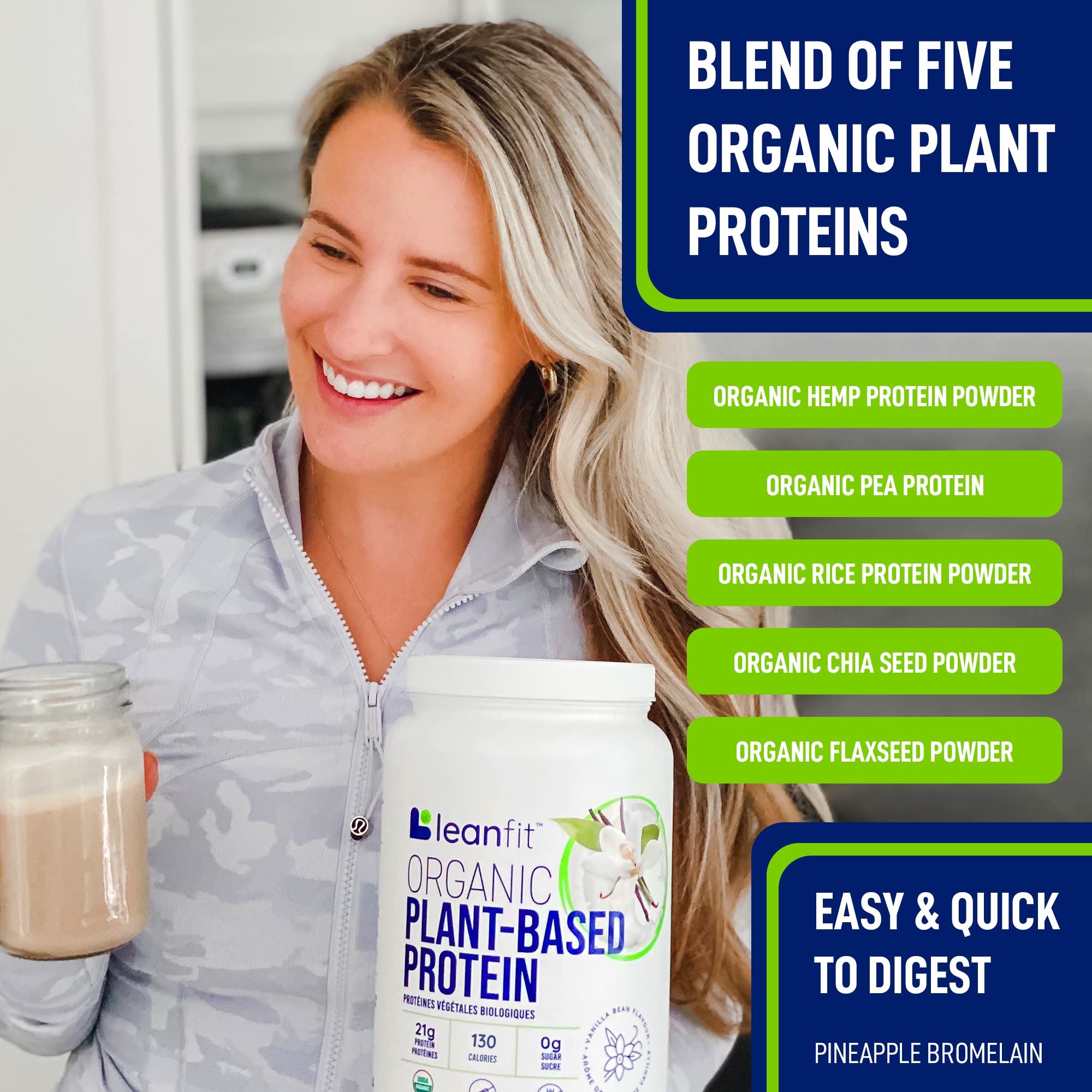 LeanFit Organic Plant-Based Protein, Natural Vanilla Flavor, 21g Vegan Protein, 19 Servings LeanFit