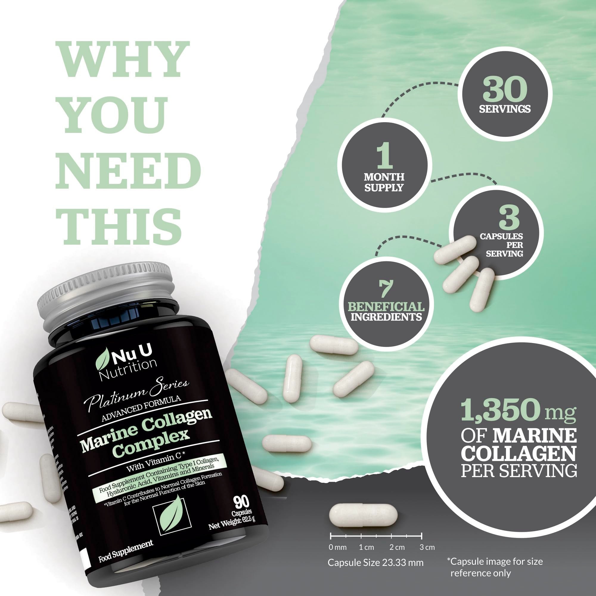 Marine Collagen with Hyaluronic Acid, Vitamin C - 90 Hydrolysed Capsules (not Tablets) - Premium High Strength Collagen Nu U Nutrition