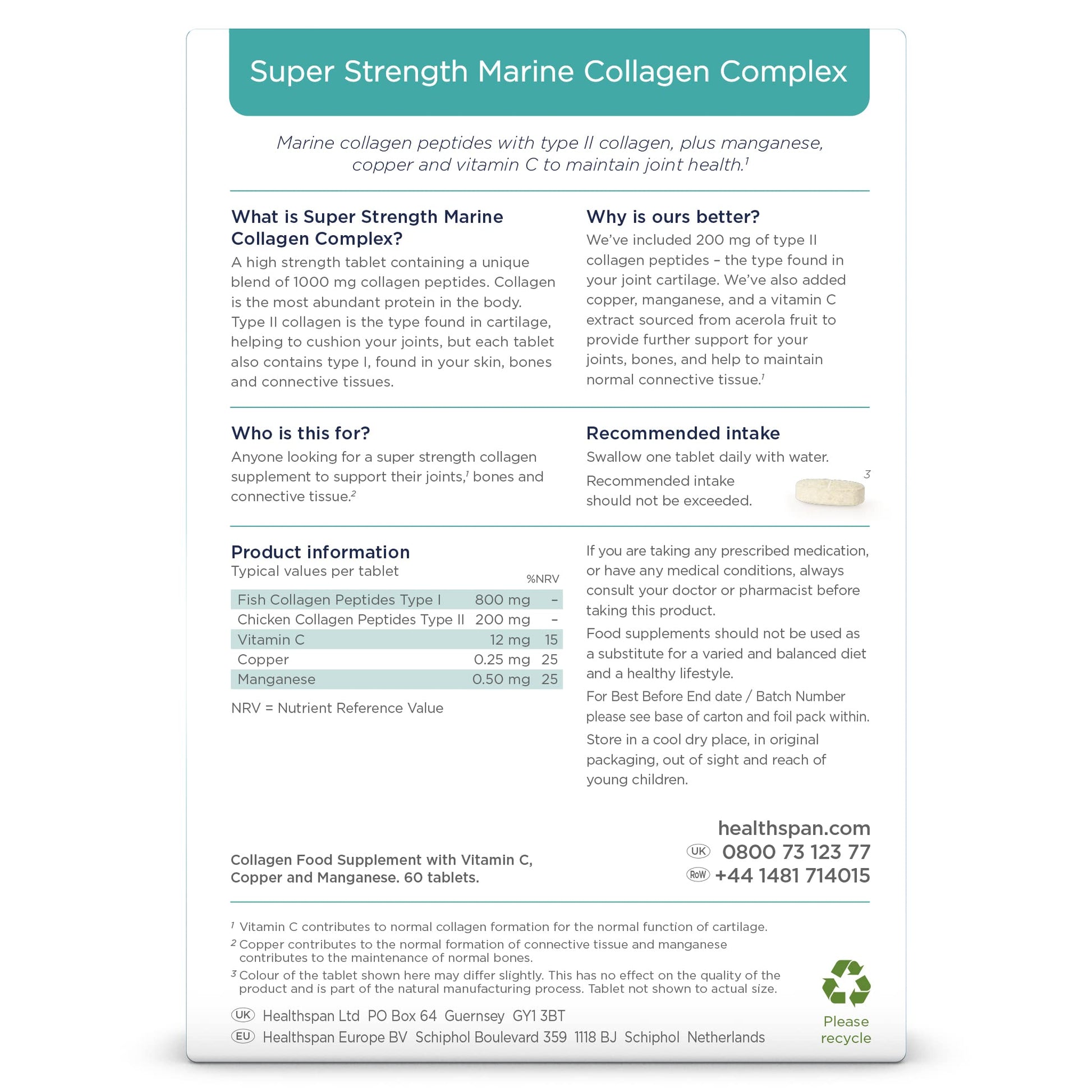 Healthspan 1,000mg Marine Collagen Complex 60 Tablets | 800mg Type I + 200mg Type II Collagen healthspan