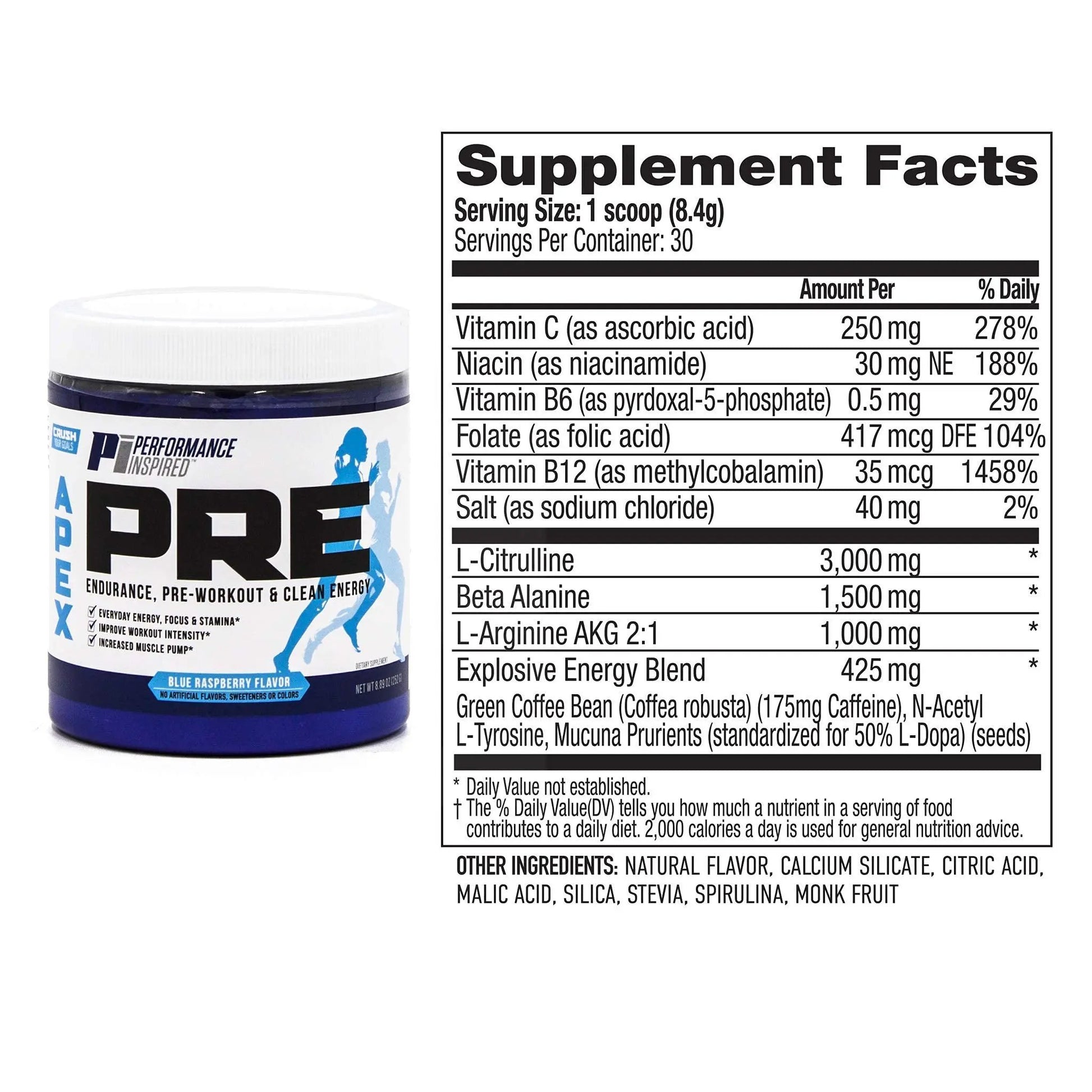 PERFORMANCE INSPIRED Nutrition - APEX Pre Workout Powder - Increase Energy & Endurance - Caffeine - Beta Alanine - All Natural - Vegan Formula - Blue Raspberry