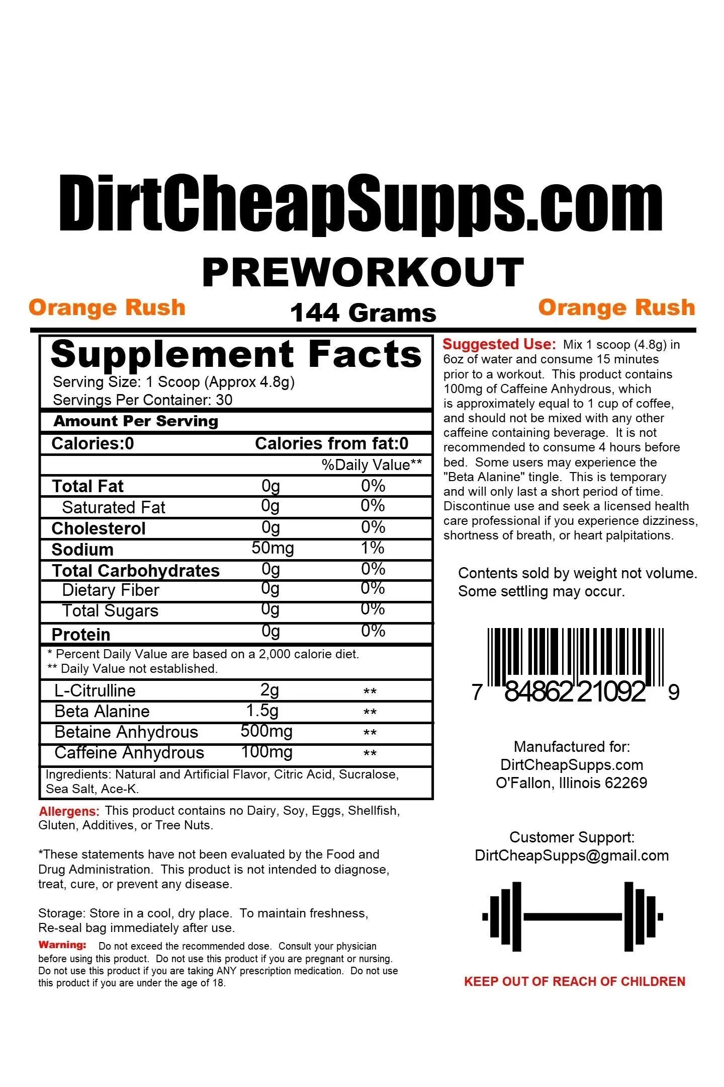 DirtCheapSupps Pre Workout (30 Servings) Orange - Increase Pump and Energy