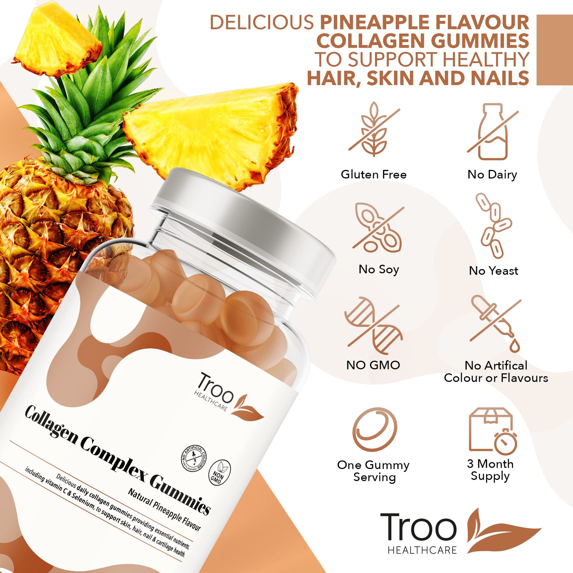 Hydrolysed Collagen Complex - 90 Natural Pineapple Flavour Chewable Gummies - One Per Day with Biotin, Vitamin C and Selenium Troo Health Care
