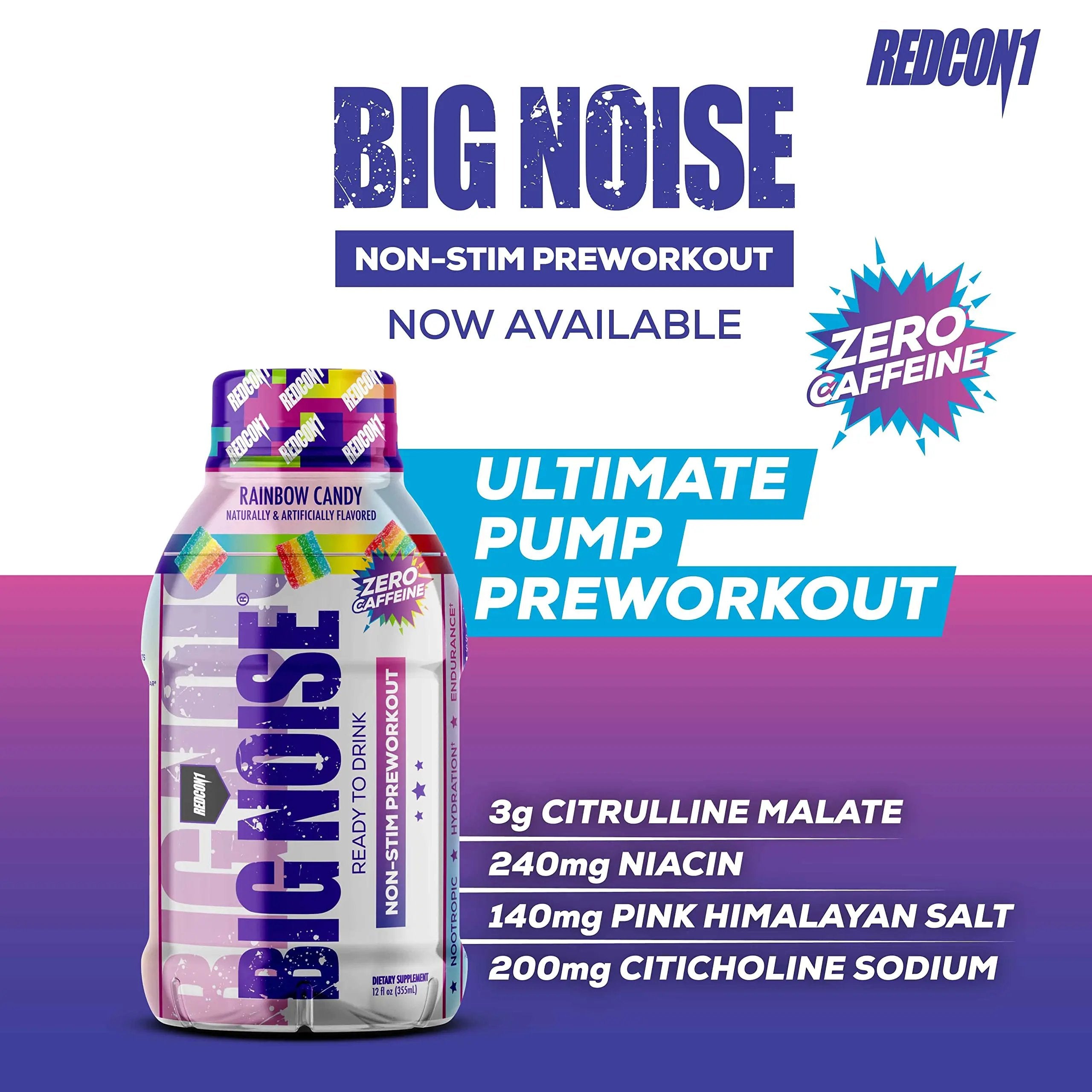 REDCON1 Big Noise RTD Pre Workout Drink, Rainbow Candy - Caffeine-Free Ready-to-Drink Preworkout to Improve Strength + Pumps - Niacin + Citrulline Malate Nitric Oxide Support (12 Bottled Drinks)