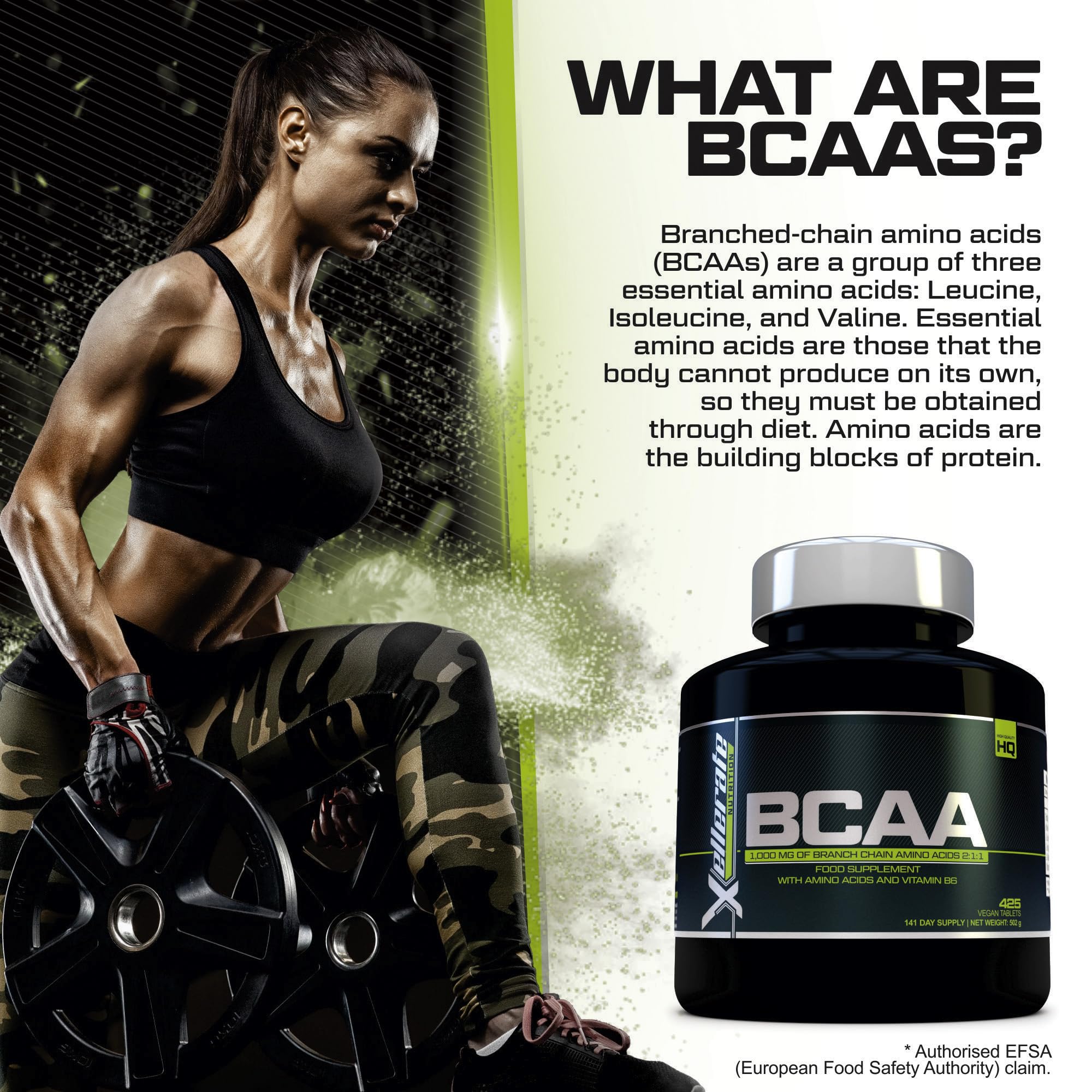 BCAA 1000mg - 425 Vegan Tablets - 3000mg Daily Serving - 141 Day Supply - 2:1:1 BCAAs Xellerate NUTRITION