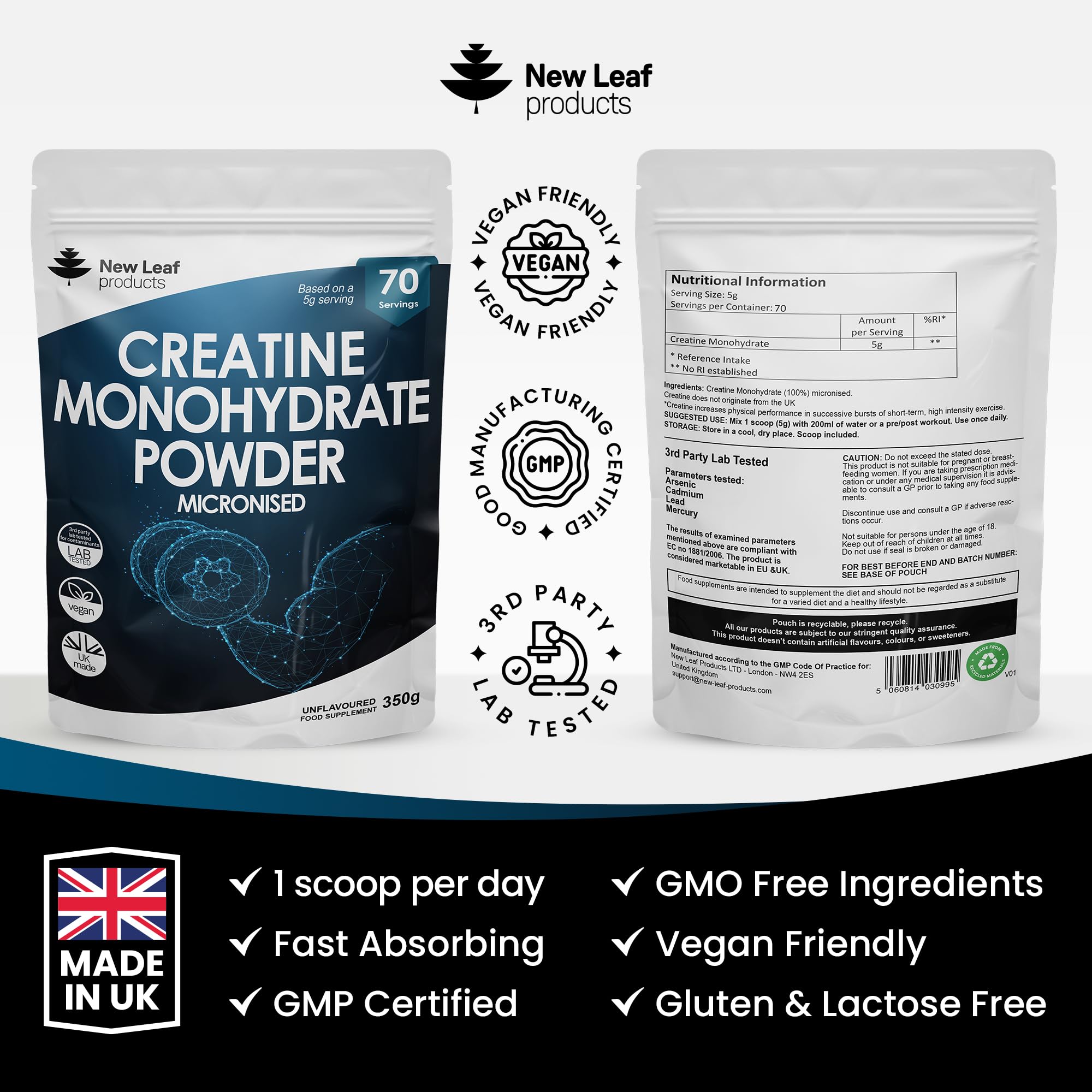 Creatine Monohydrate Powder 100% Pure Micronized Creatine - 350g Increased Absorption NEW LEAF PRODUCTS