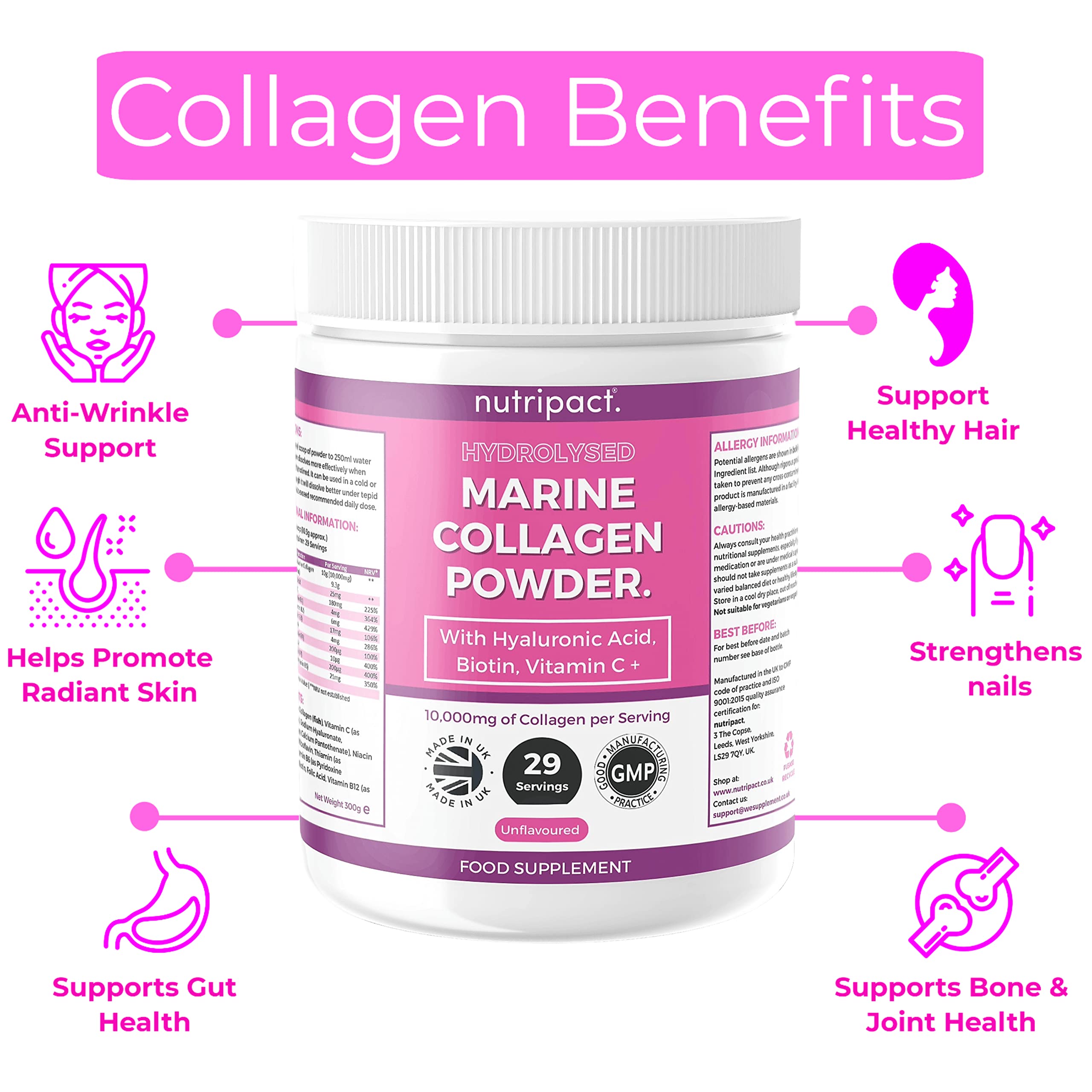 Hydrolysed Marine Collagen Peptides Powder with Hyaluronic Acid, Biotin, Vitamin C & B Vitamins – 10,000mg Collagen nutripact