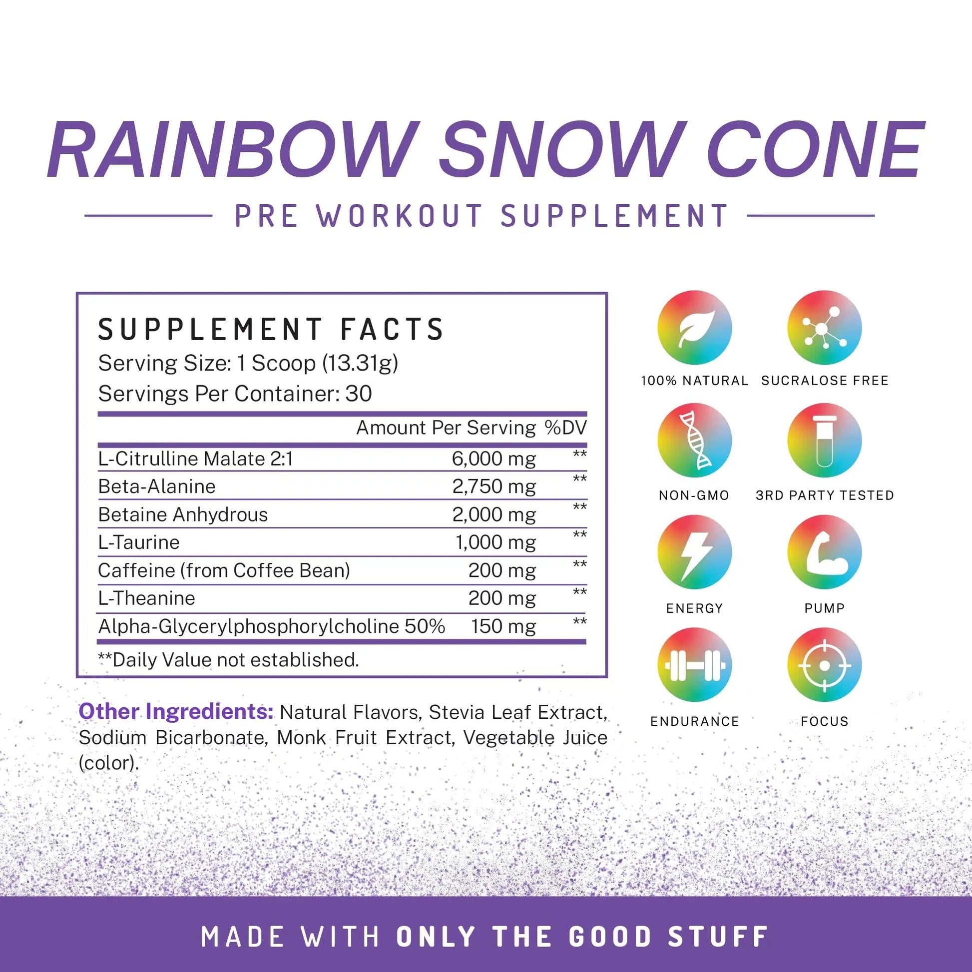 PWDRS Pre-Workout Powder, All Natural Pre Workout for Energy, Pump, Endurance & Strength, with Caffeine (Rainbow Snowcone)