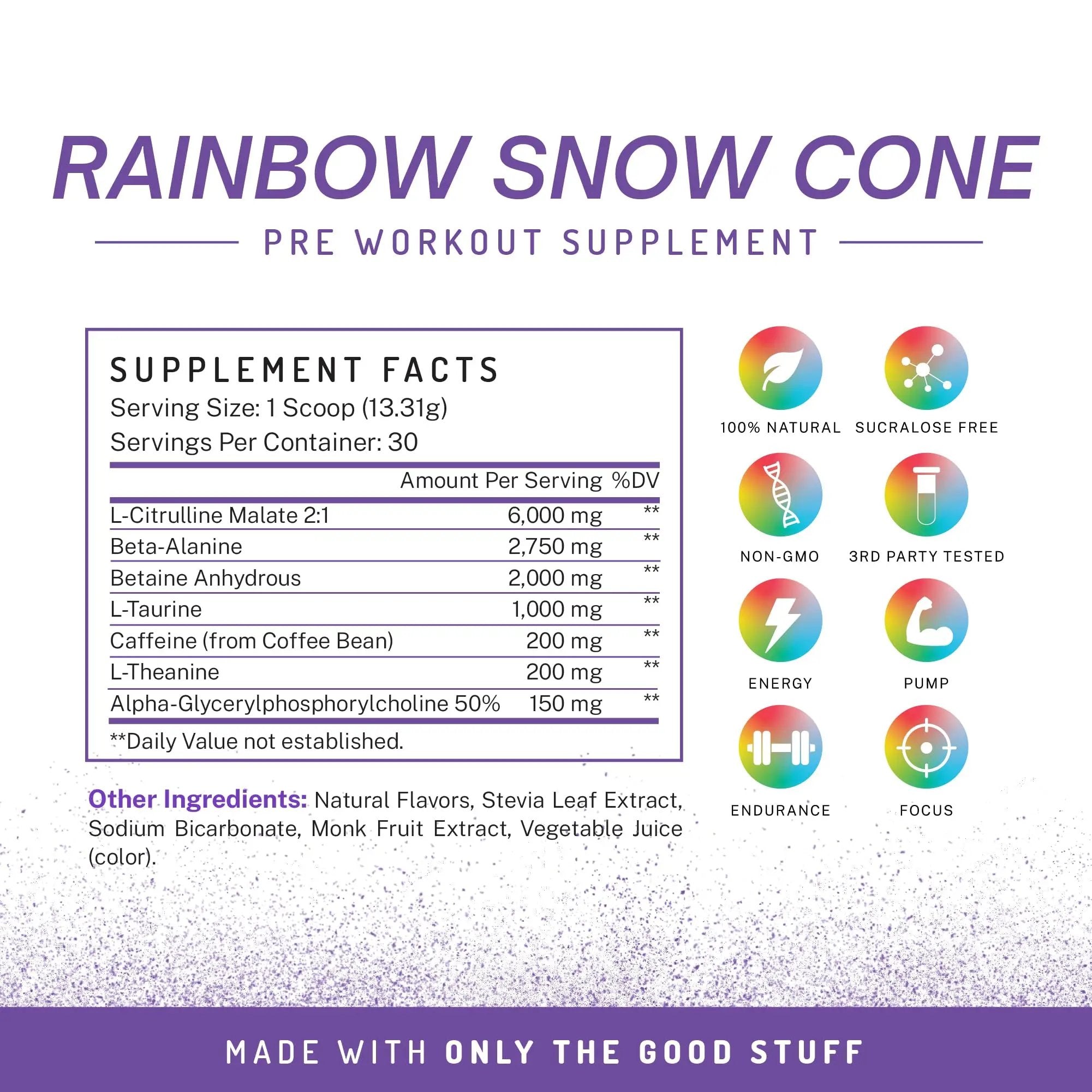 PWDRS Pre-Workout Powder, All Natural Pre Workout for Energy, Pump, Endurance & Strength, with Caffeine (Rainbow Snowcone)