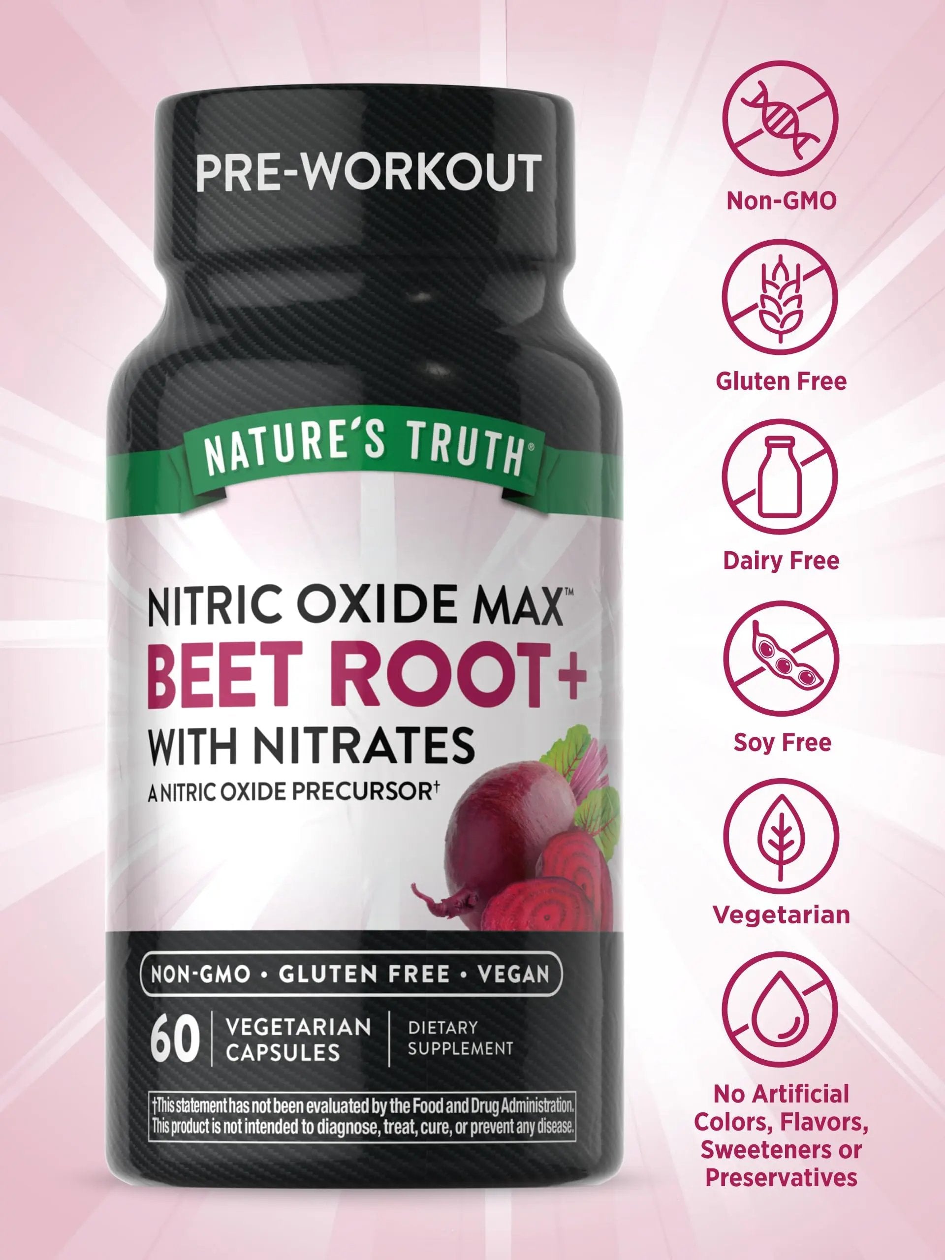 Nature's Truth Beet Root Capsules | 60 Count | Nitric Oxide Supplement for Men and Women | Vegan, Non-GMO and Gluten Free Pre-Workout