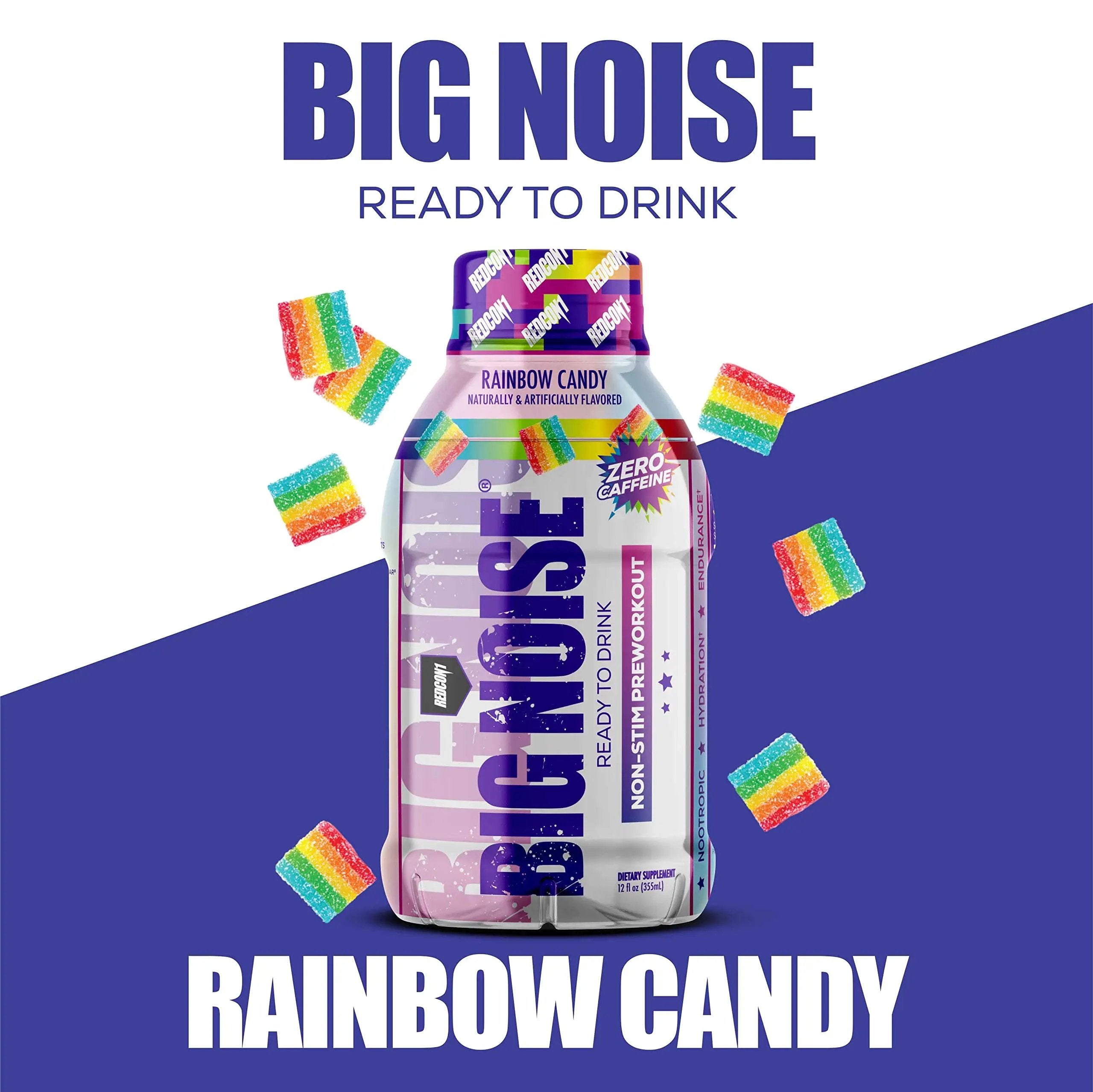 REDCON1 Big Noise RTD Pre Workout Drink, Rainbow Candy - Caffeine-Free Ready-to-Drink Preworkout to Improve Strength + Pumps - Niacin + Citrulline Malate Nitric Oxide Support (12 Bottled Drinks)