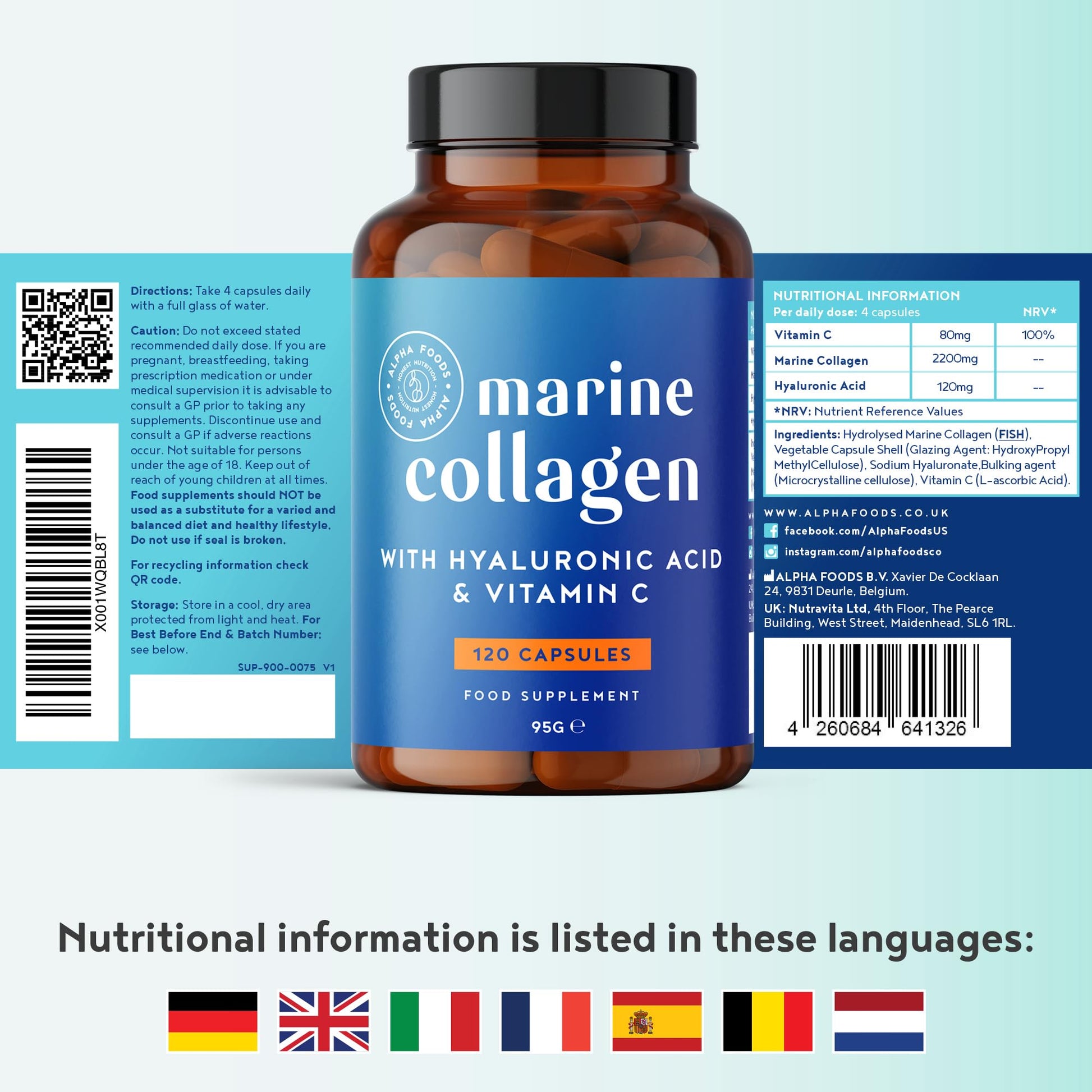 Marine Collagen Capsules 2200mg - Enhanced with Hyaluronic Acid and Vitamin C Alpha Foods