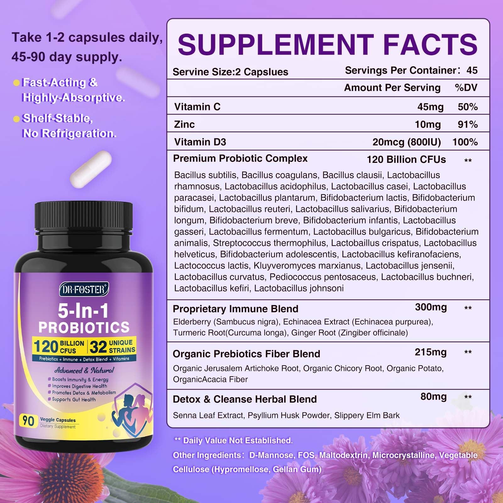 Probiotics for Women & Men Digestive Health,120 Billion CFUs, Prebiotics and Probiotics DRFOSTER