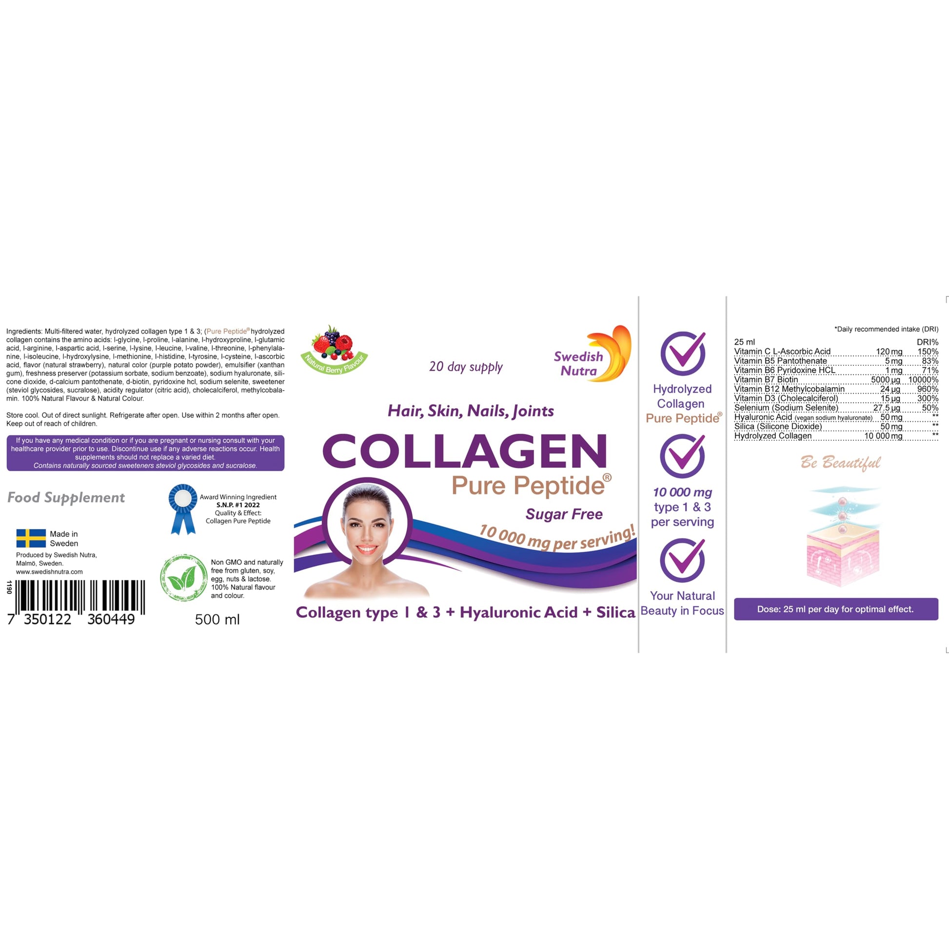 Swedish Nutra Liquid Bovine Collagen - Pack of 500ml, 20 Day Supply | Sugar Free Berry Flavour Swedish Nutra