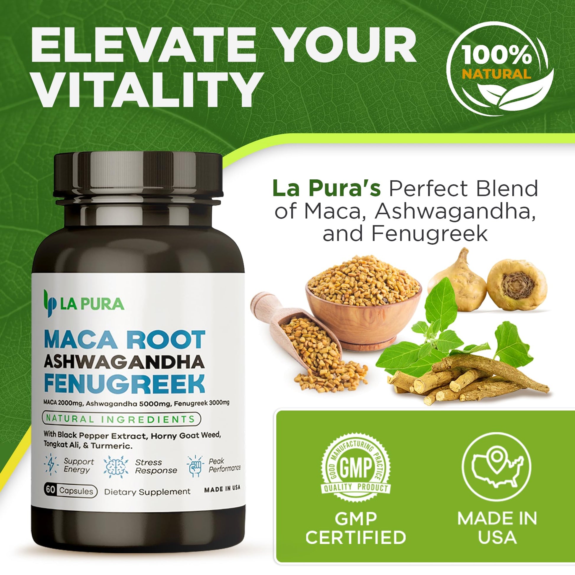 LaPura Ashwagandha 5000mg Maca Root 2000mg Fenugreek 3000mg Supplement LaPura