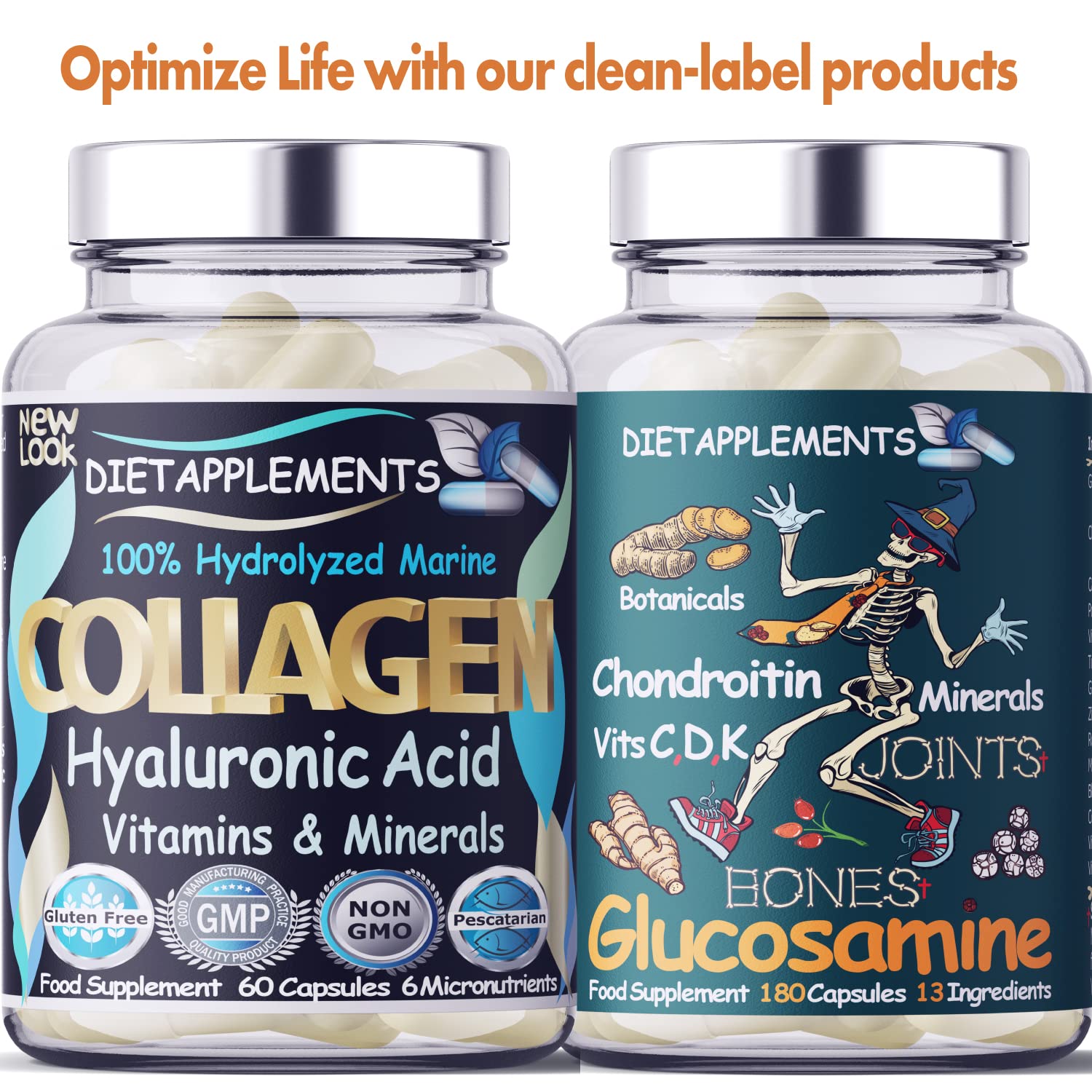 Marine Collagen Type 1&3 1000mg, Hyaluronic Acid 200mg/serving; Vitamin C, Zinc, Copper for Immune System Dietapplements