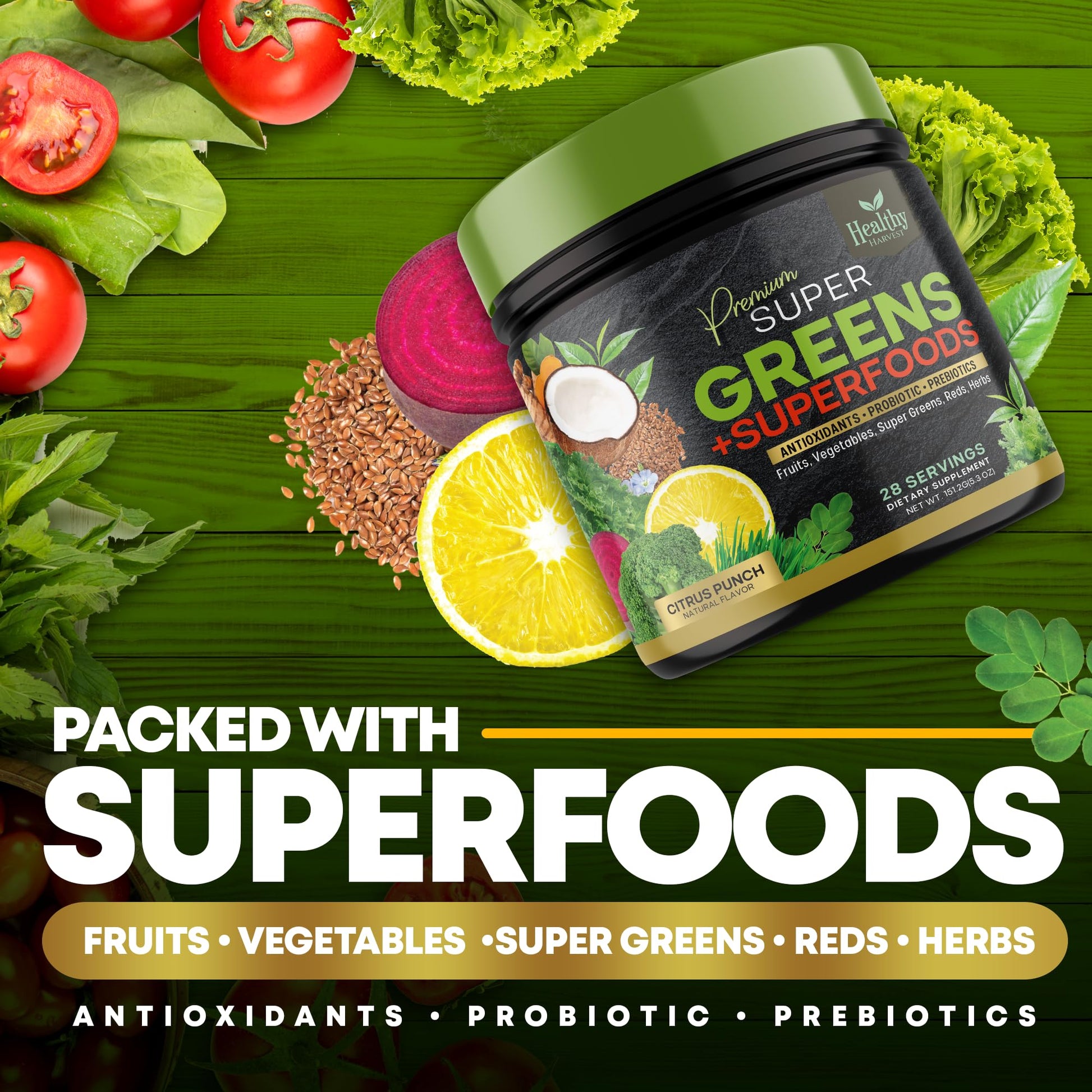 Greens Powder Superfood Supplement - Super Green Reds Smoothie Mix Blend with Spirulina Healthy Harvest Nutrition