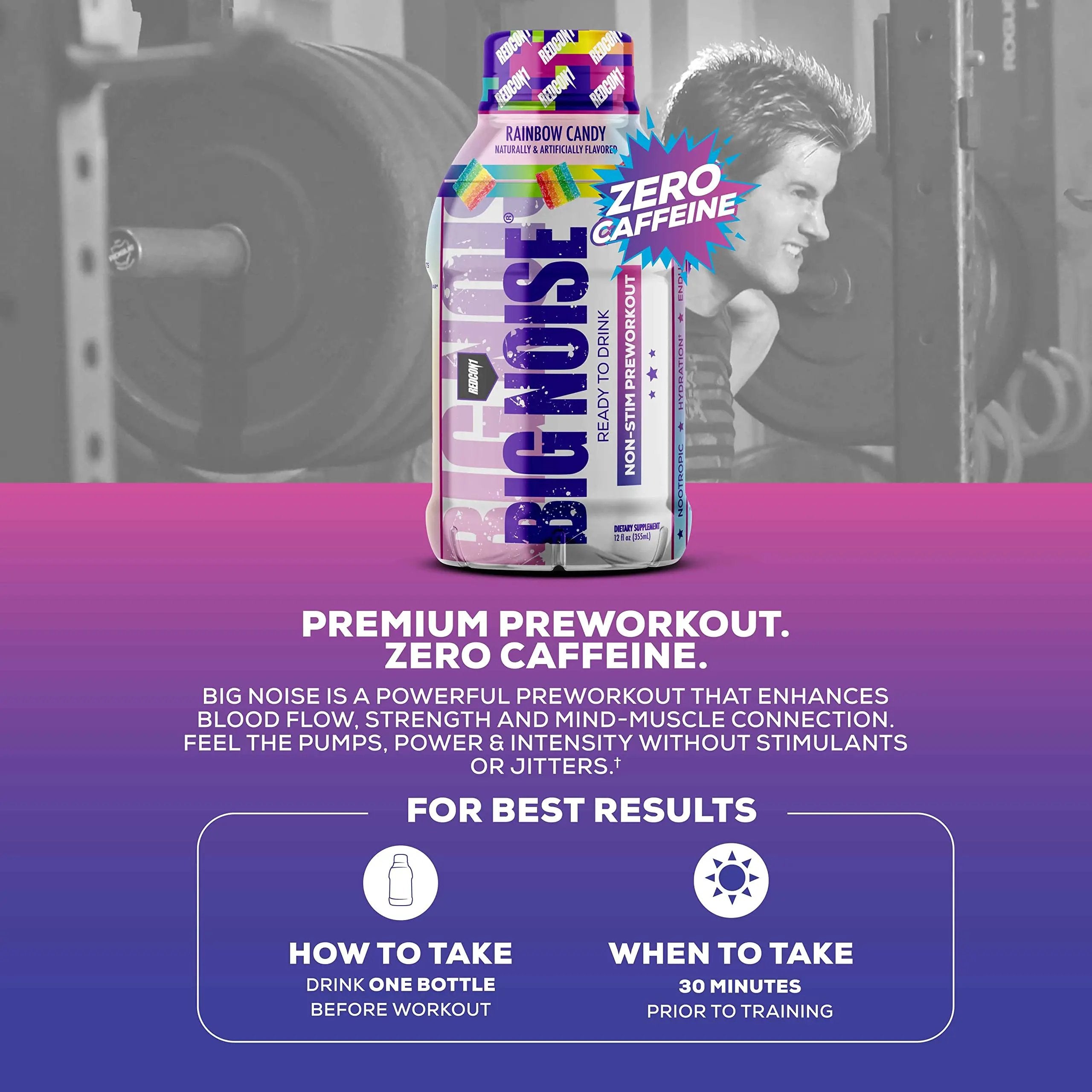 REDCON1 Big Noise RTD Pre Workout Drink, Rainbow Candy - Caffeine-Free Ready-to-Drink Preworkout to Improve Strength + Pumps - Niacin + Citrulline Malate Nitric Oxide Support (12 Bottled Drinks)