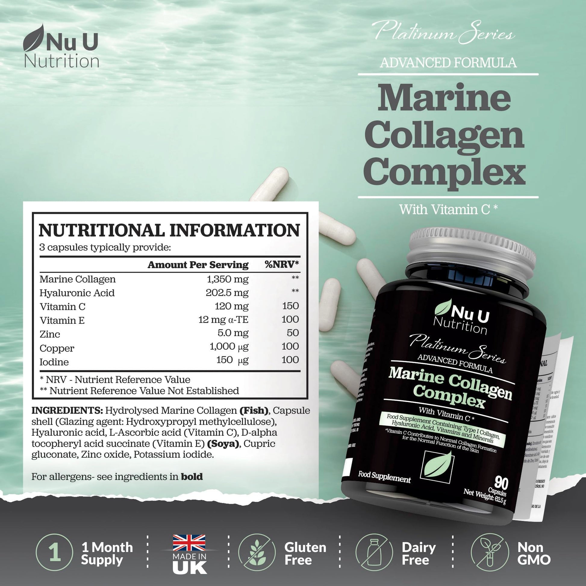 Marine Collagen with Hyaluronic Acid, Vitamin C - 90 Hydrolysed Capsules (not Tablets Nu U Nutrition