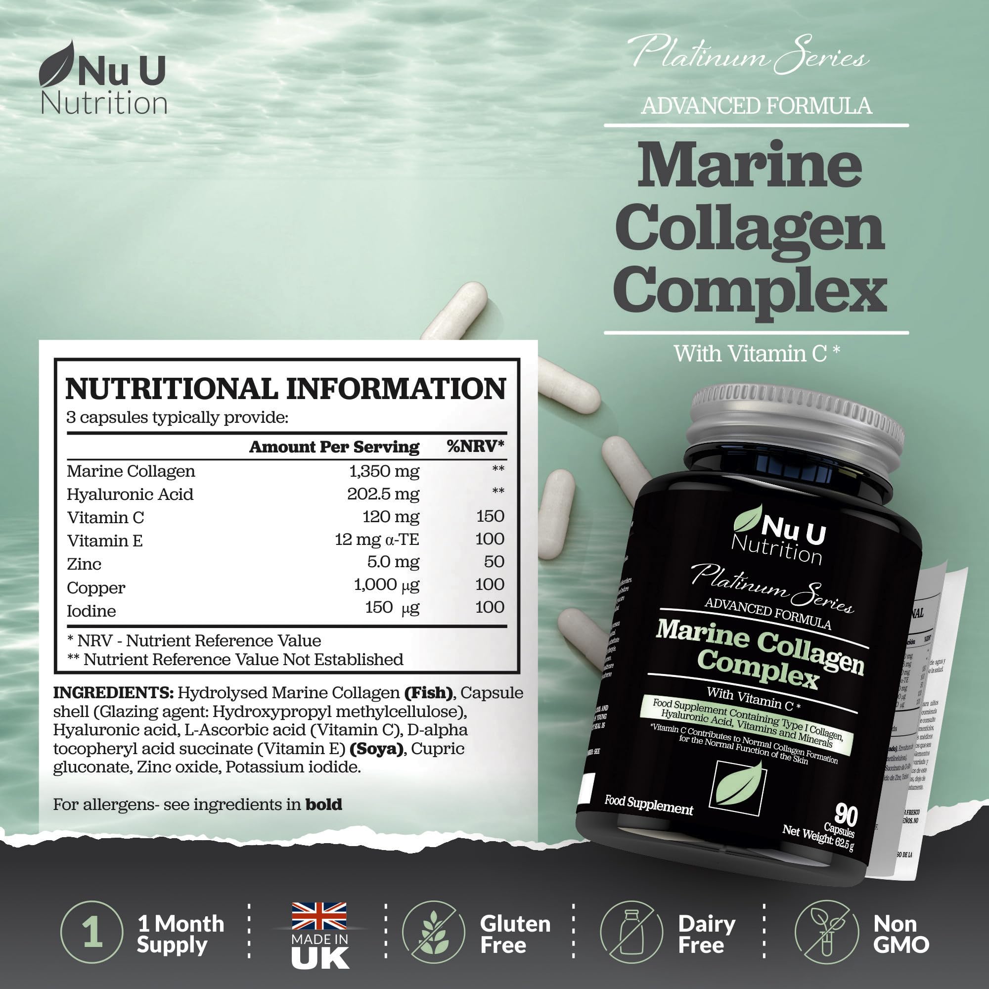 Marine Collagen with Hyaluronic Acid, Vitamin C - 90 Hydrolysed Capsules (not Tablets Nu U Nutrition