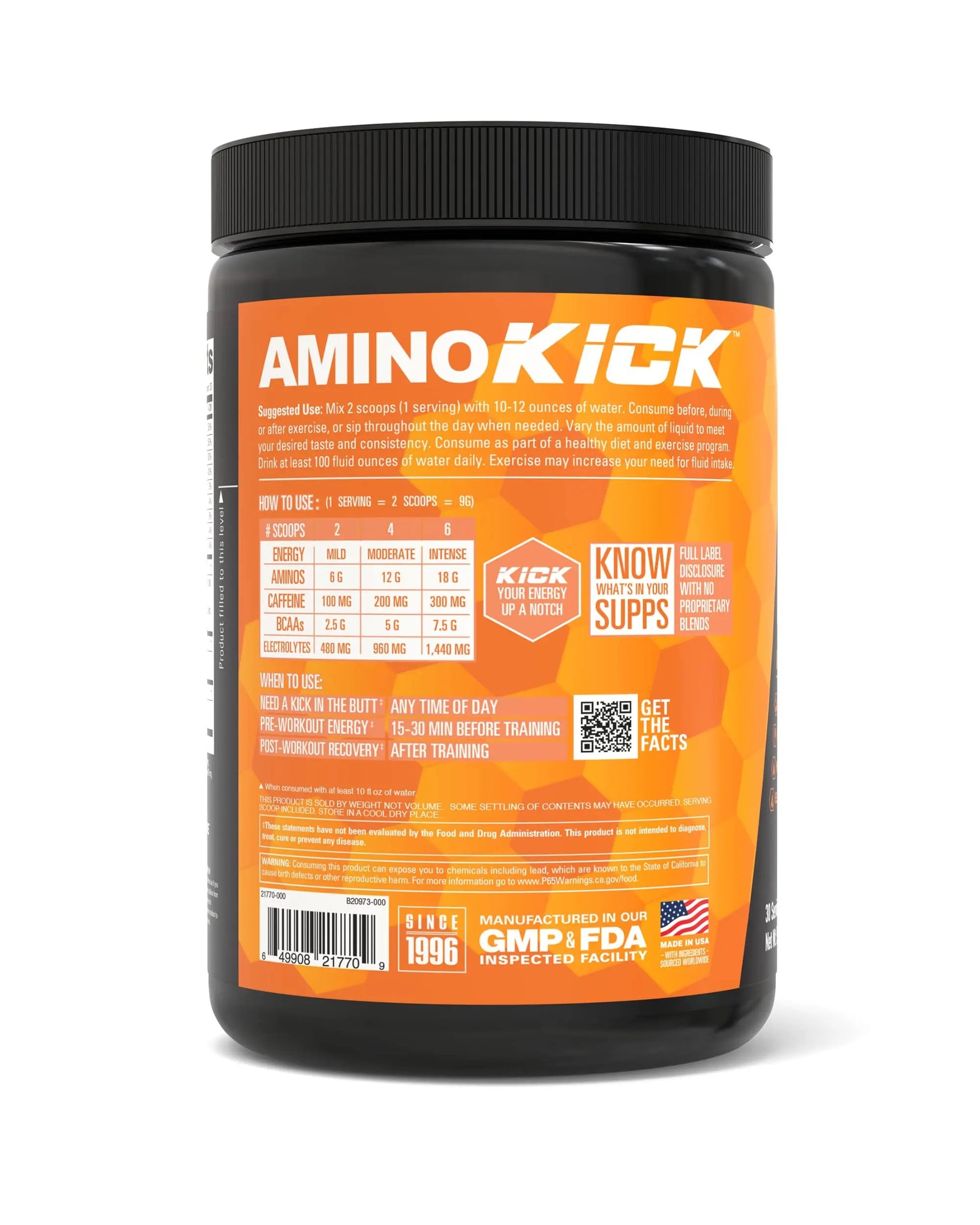 NutraBio Amino Kick - BCAA's, Electrolytes for Hydration, Natural Caffeine- 30 Servings- (Orange Mango)