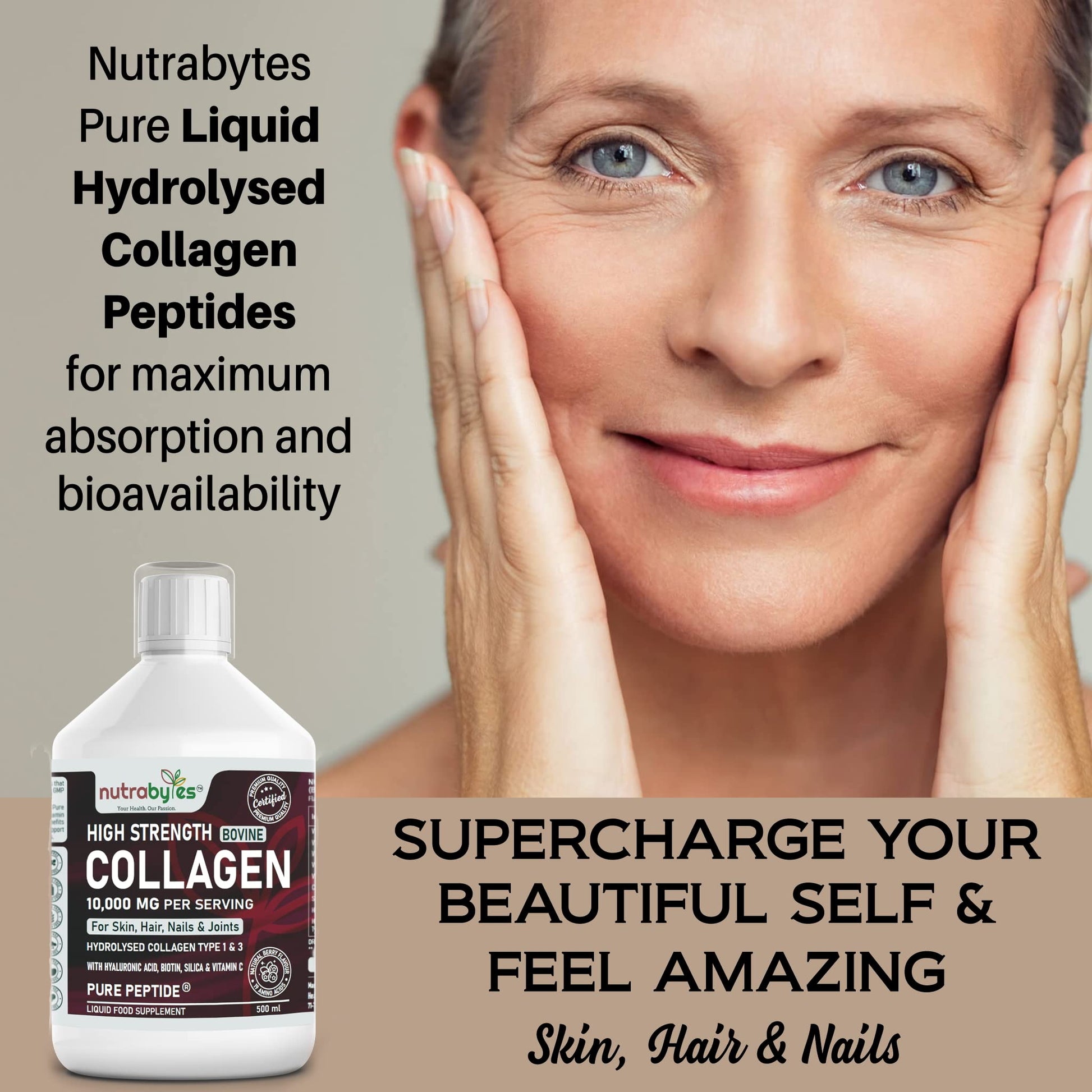 Collagen Liquid 10000mg, Hydrolysed Peptides | Hyaluronic Acid, Biotin, Silica, Vitamin C, Vitamin B12 NUTRABYTES