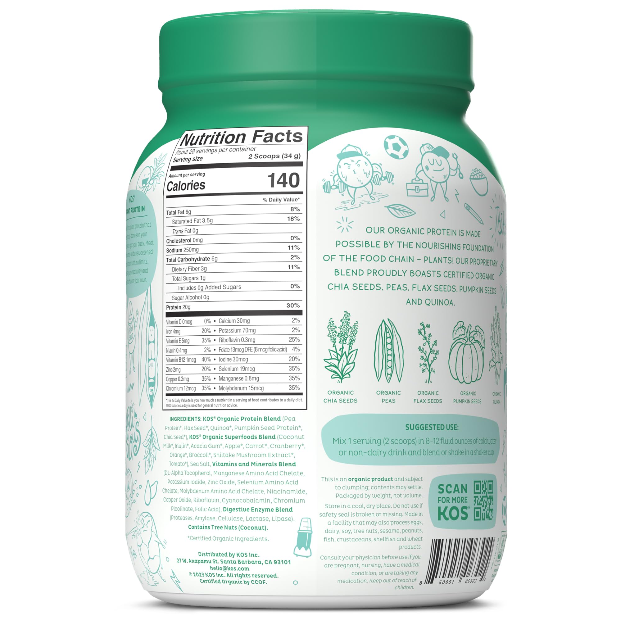 KOS Vegan Protein Powder, Unflavored & Unsweetened - Low Carb Pea Protein Blend KOS