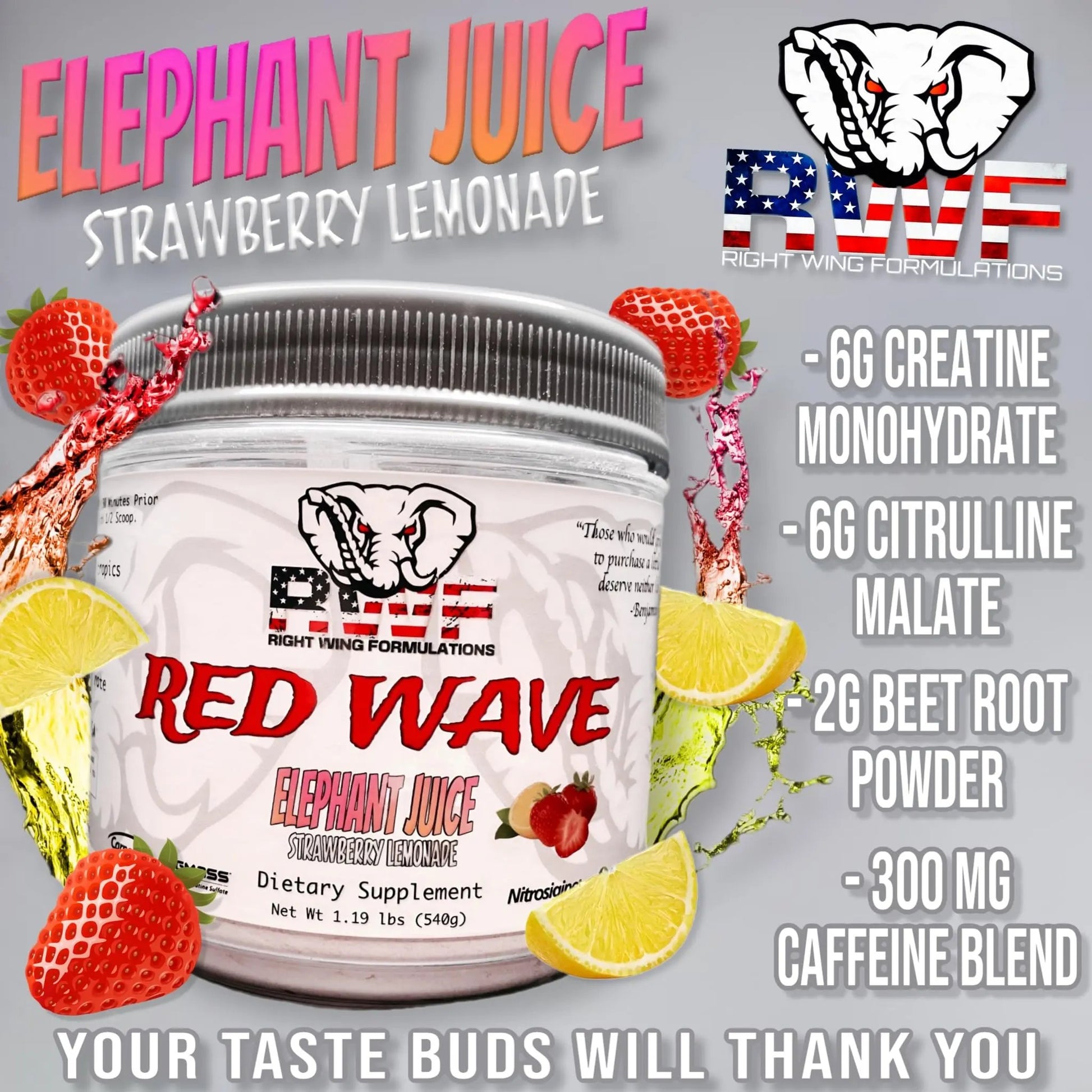 Red Wave Pre Workout Powder With Creatine, Perfect For Men And Women, American Made Nootropic Energy Drink, Stim, Pump, Strength, Citrulline, Beet Root, 300mg Caffeine, 540 Grams (Elephant Juice)