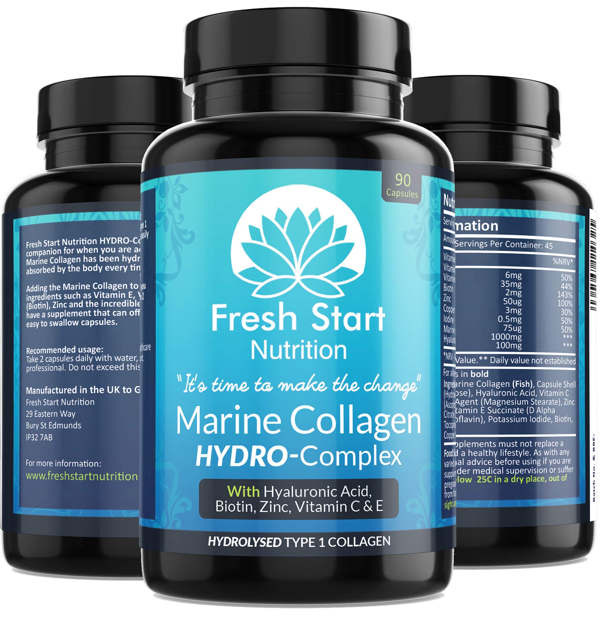 Marine Collagen Tablets 1000mg - 90 Premium Type 1 Hydrolysed Collagen Capsules with Hyaluronic Acid Fresh Start Nutrition