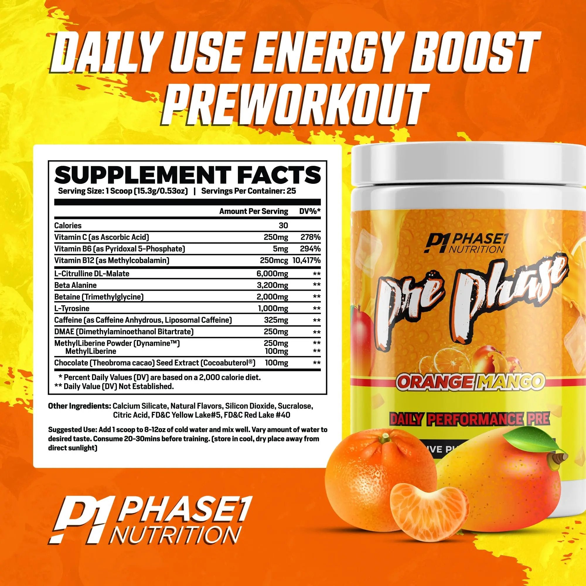 Pre Phase Daily Driver Orange Mango Pre Workout with 325mg Caffeine, Vitamin B12, Beta Alanine | Preworkout for Energy, Weight & Strength Training, Endurance and Pump - Phase 1 Nutrition