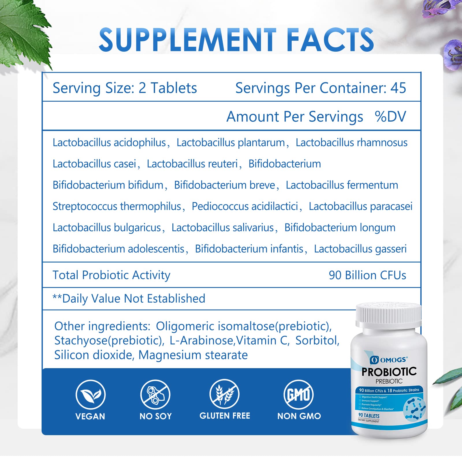 OMOGS Probiotics 90 Billion CFUs 18 Strains,with 3 Organic Prebiotic, Probiotics Supplement OMOGS