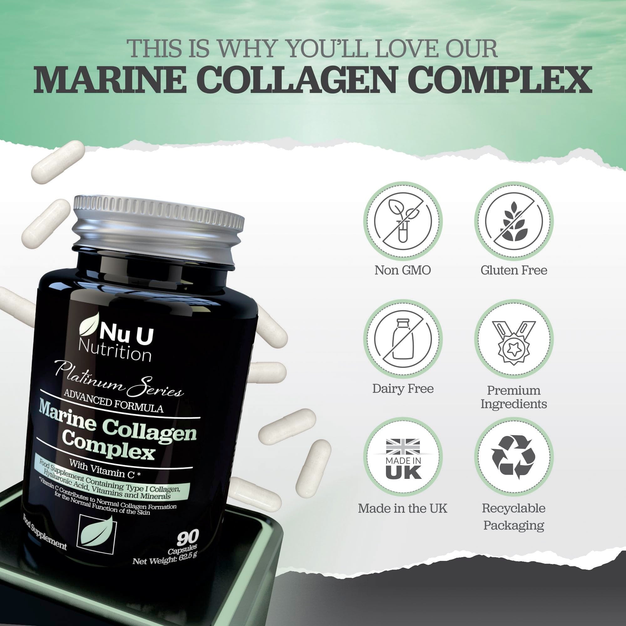 Marine Collagen with Hyaluronic Acid, Vitamin C - 90 Hydrolysed Capsules (not Tablets Nu U Nutrition